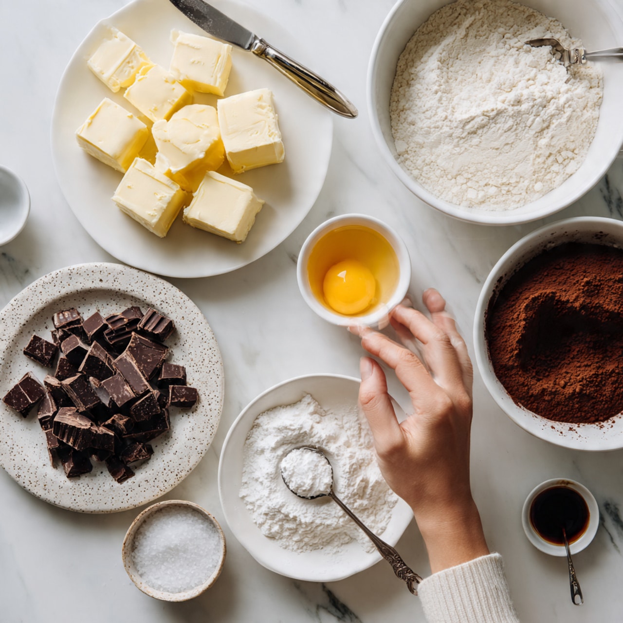 Several white bowls and plates are placed on a white marbled surface, each filled with different baking ingredients. There is a large bowl at the top filled with white flour, a small white bowl with a single egg yolk on the right side, and another small white bowl with dark brown cocoa powder below it. Near the bottom right is a white bowl full of white powdered sugar with a spoon resting inside. A white plate in the middle holds large cubes of pale yellow butter, with a dull knife resting on the edge and a woman's hand holding its wooden handle. On the bottom left, a white speckled plate contains dark chopped chocolate pieces scattered slightly beyond the plate edge. Near the bottom left are a small white bowl with a half teaspoon of salt and a small white bowl with dark liquid vanilla extract. Photo taken with an iphone --ar 4:5 --v 7