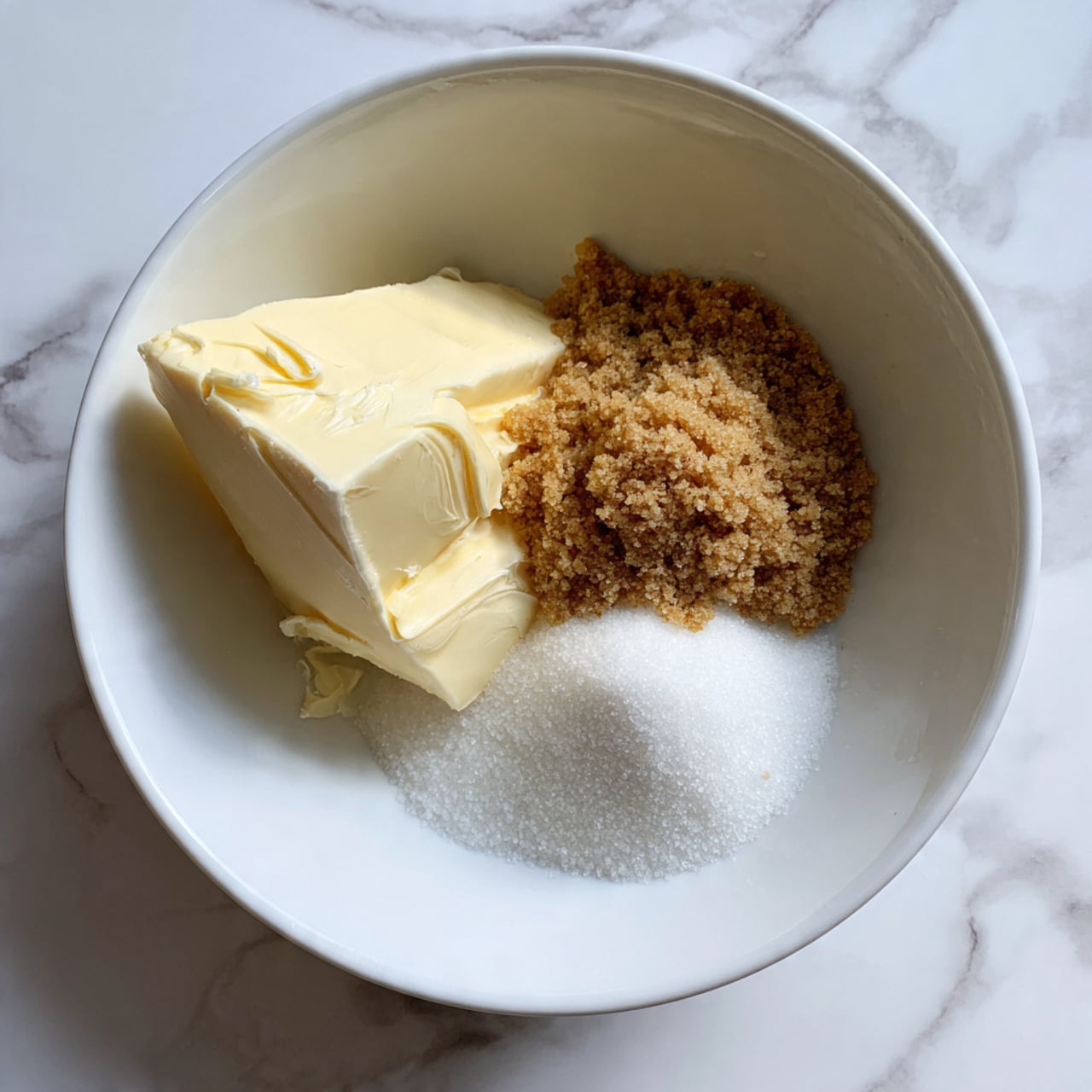 A white bowl sits on a white marbled surface, inside it there are three ingredients clearly visible: a light cream-colored soft block, a pile of light brown sugar, and a small heap of white granulated sugar, all resting closely together. The bowl's interior is smooth and clean, showcasing the contrast of the creamy and sandy textures against its white surface, with soft natural lighting highlighting the simple and fresh look of the ingredients. photo taken with an iphone --ar 4:5 --v 7