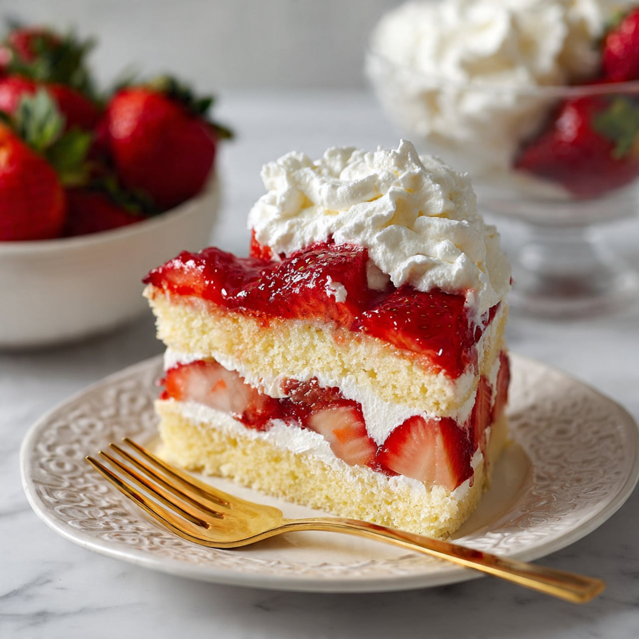 A slice of strawberry shortcake sits on a white plate with an embossed border, showing three layers: the bottom is a light yellow cake layer, topped with a thick layer of bright red strawberries covered in a shiny strawberry sauce, and topped with a large dollop of white whipped cream with a soft texture. A gold fork rests on the plate to the left of the slice. In the background, a white bowl filled with fresh strawberries and a clear glass bowl holding more whipped cream are placed on a white marbled surface. photo taken with an iphone --ar 4:5 --v 7