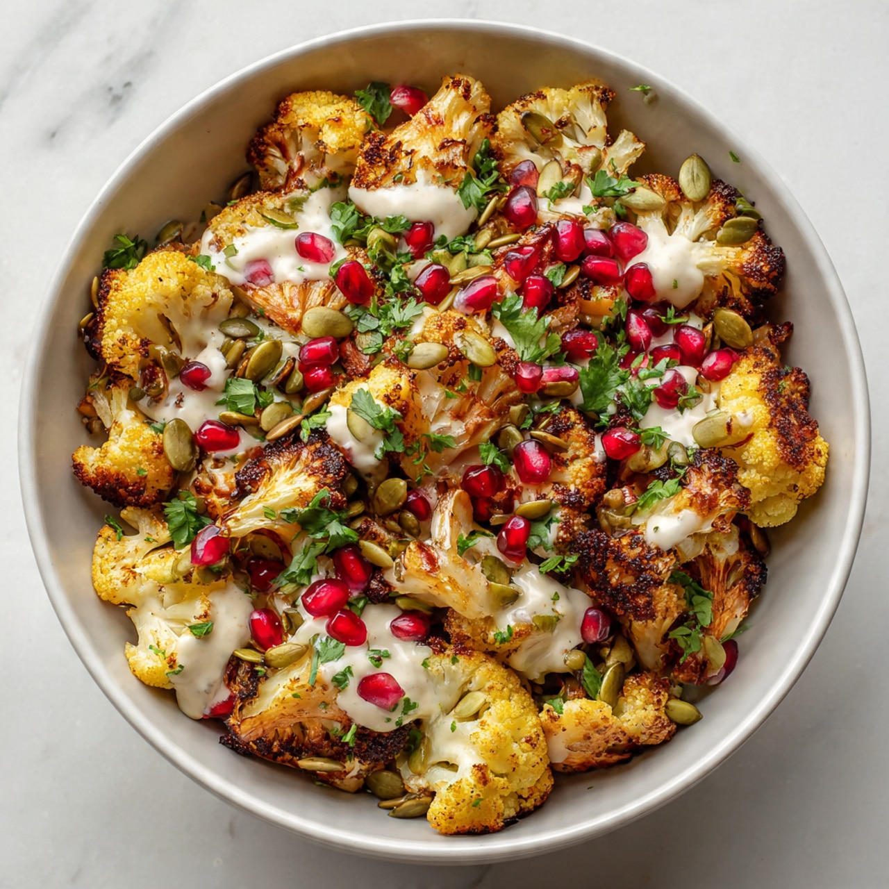 The image shows a bowl filled with roasted cauliflower florets that are golden brown and slightly crispy on the edges. The cauliflower is layered with bright red pomegranate seeds, sprigs of fresh green parsley, and pumpkin seeds scattered throughout. There is a drizzle of creamy white sauce spread unevenly over the top, adding a smooth texture contrast. The bowl is white and placed on a white marbled surface, with a gold spoon resting inside the bowl near the top. Photo taken with an iphone --ar 4:5 --v 7