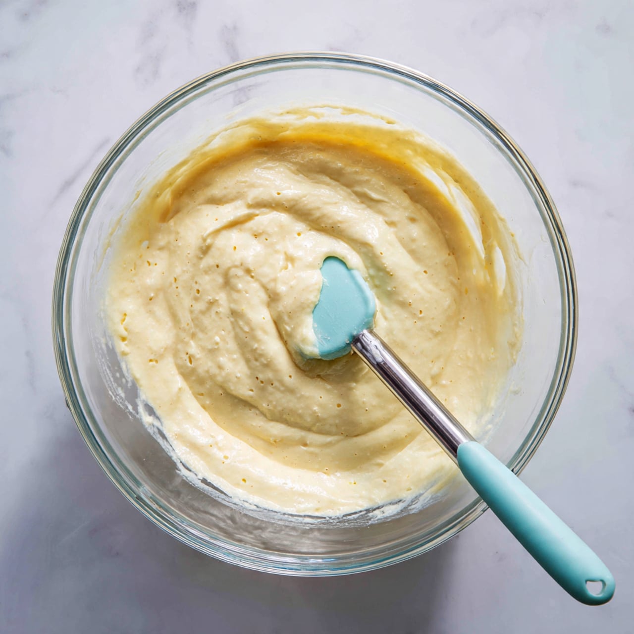 A clear glass bowl sits on a white marbled surface, filled with a thick, creamy, light yellow batter that has a slightly lumpy texture with small air pockets visible. Resting inside the bowl is a spatula with a shiny silver handle and a pale turquoise silicone head partially covered in the batter, positioned at the lower right edge of the bowl. The background is softly lit, emphasizing the glossy and smooth look of the batter in the bowl photo taken with an iphone --ar 4:5 --v 7