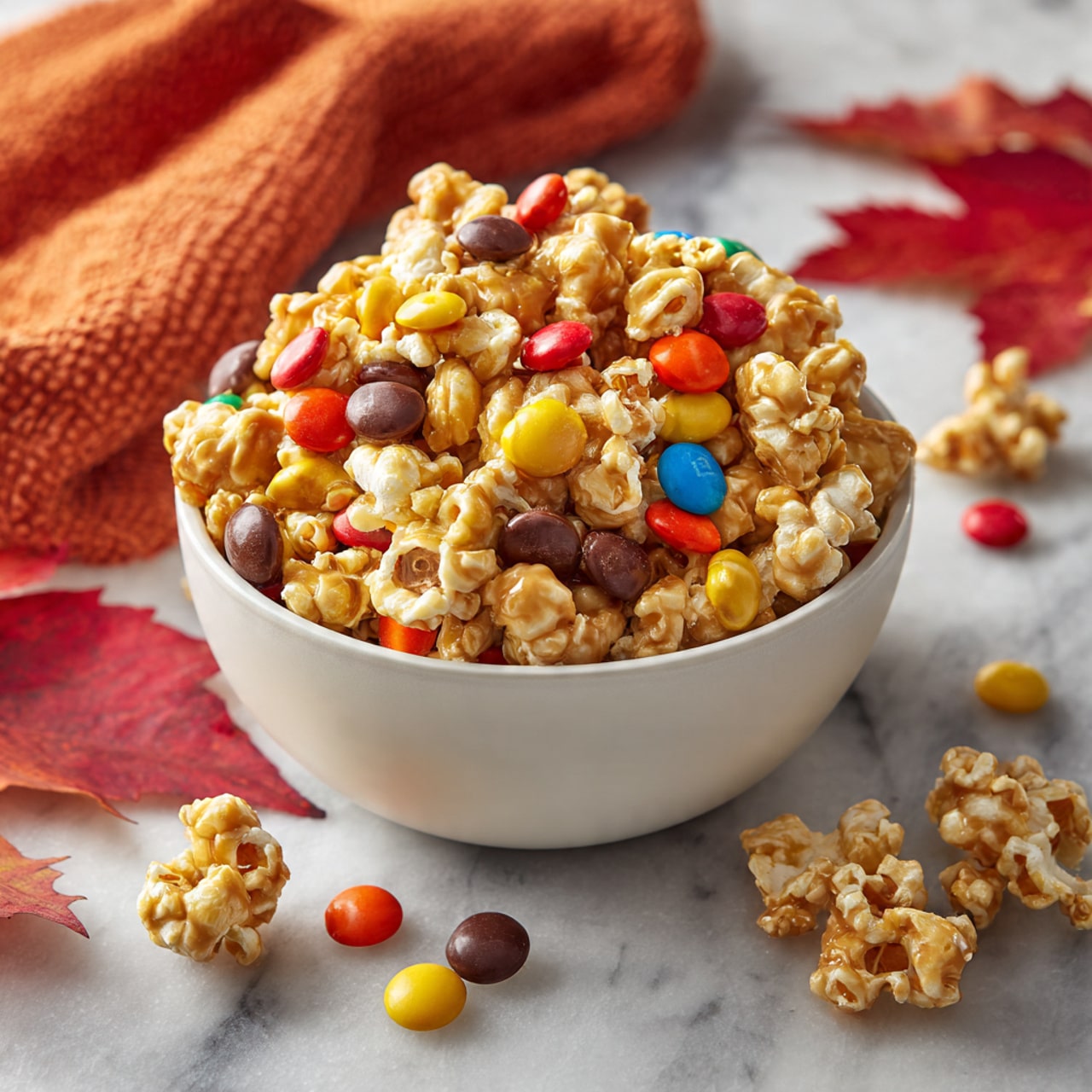 A white bowl full of caramel popcorn mixed with colorful candy-coated chocolates in red, orange, yellow, and black colors, along with round milk chocolate pieces scattered on top and within the popcorn. The caramel popcorn has a shiny, golden-brown coating. Around the bowl are a few fallen pieces of popcorn, chocolates, and the same candy-coated chocolates, placed on a white marbled surface with some red and orange autumn leaves scattered nearby. In the background, there is an orange textured cloth adding warm tones to the scene. Photo taken with an iphone --ar 4:5 --v 7
