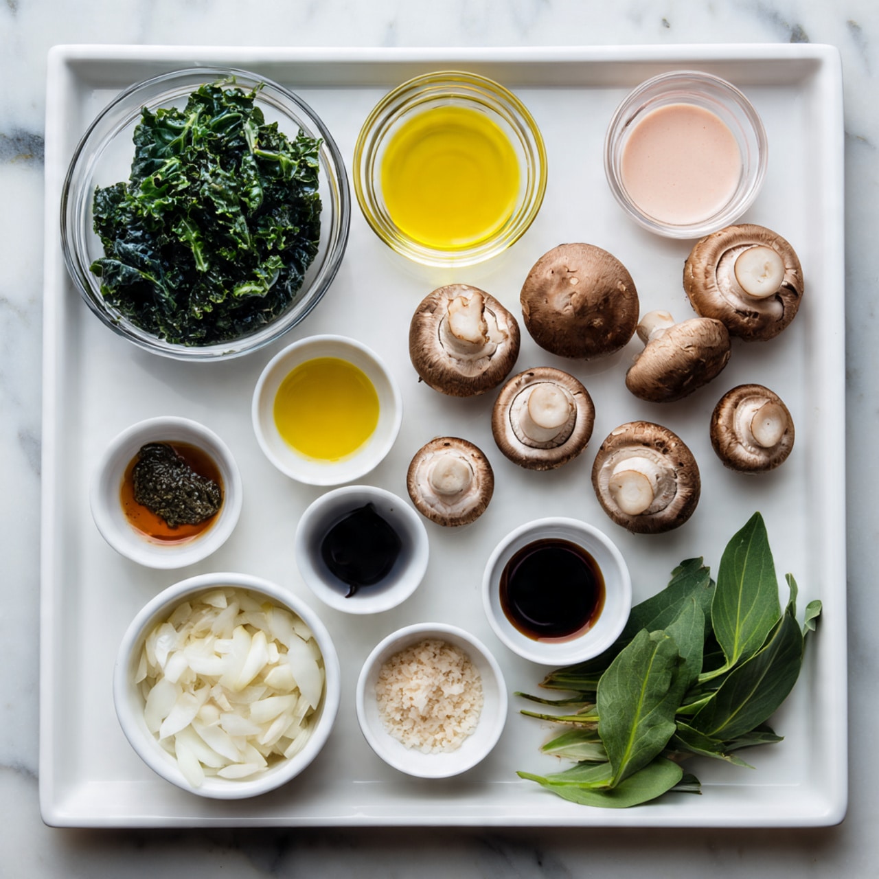 A white tray on a white marbled surface holds several small transparent bowls and loose ingredients. The top row has a bowl with green kale leaves, a bowl with light pink sauce, and a bowl with yellow olive oil. Below are whole round brown mushrooms, with one mushroom sliced showing its light inside. Next to the mushrooms, small bowls hold white minced garlic, dark soy sauce, light brown broth, and light-colored liquid. A white bowl at the bottom left is filled with chopped white onions, and next to it are small pieces of white nuts or seeds. Fresh green leaves rest at the bottom right corner of the tray. photo taken with an iphone --ar 4:5 --v 7