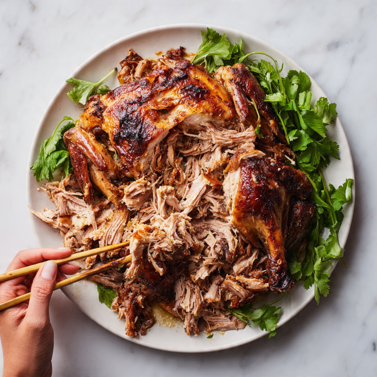 The image shows a white plate filled with a roasted chicken that has crispy, browned skin with a slightly charred texture. The chicken is split, revealing moist, shredded meat inside that is tender with fibrous layers in a pale pinkish-brown color. A pair of wooden chopsticks holds some of the shredded meat, with a woman's hand gently grasping the chopsticks. Around the chicken, there are fresh green herbs adding a pop of color and freshness. The whole scene is set against a white marbled surface, enhancing the natural colors of the food. photo taken with an iphone --ar 4:5 --v 7
