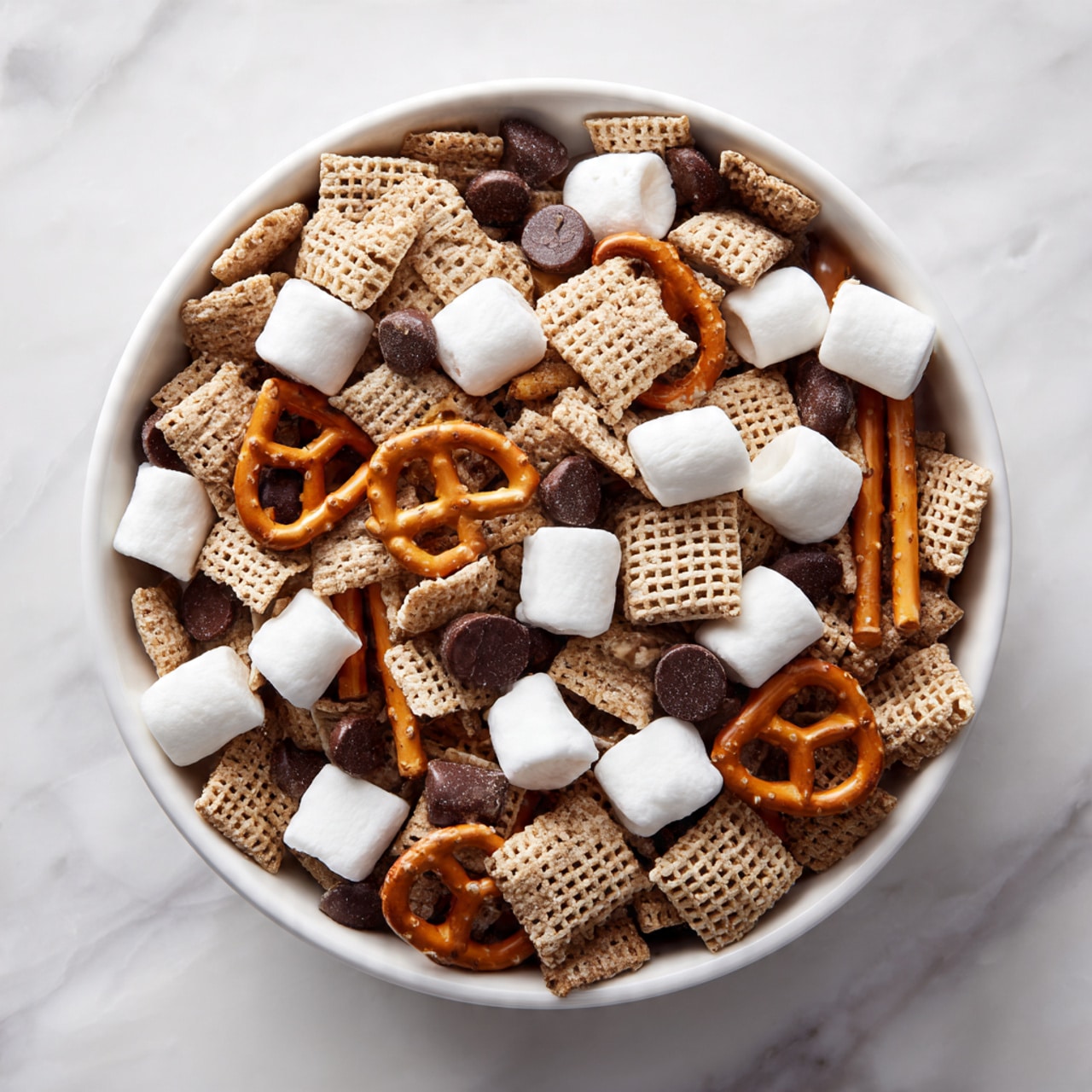The image shows a close-up of a mixture of snacks layered together. There are light brown square cereal pieces with a woven texture, white soft marshmallows scattered all over, dark brown round chocolate chips placed between other ingredients, and light brown stick pretzels with a smooth surface sticking out in different directions. The snacks fill the whole white bowl, and the background is a white marbled texture. photo taken with an iphone --ar 4:5 --v 7