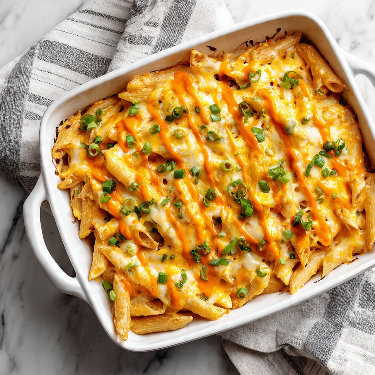 The image shows a white rectangular baking dish filled with a creamy pasta bake. The top layer consists of golden melted cheese with uneven orange spots of sauce spread across, giving a slightly shiny and bubbly texture. The pasta underneath is penne, coated in a mix of creamy sauce and cheese, with small pieces of green herbs sprinkled on top. The edges of the dish show some baked cheese that has browned slightly. The dish sits on a white marbled surface, with part of a striped grey and white towel visible on the left side. photo taken with an iphone --ar 4:5 --v 7