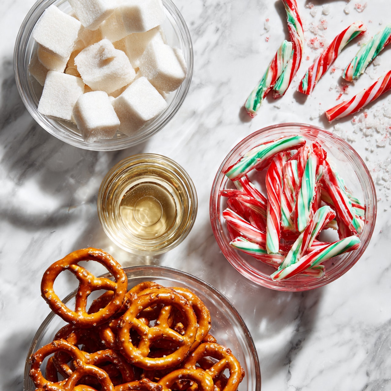 Three glass bowls with ingredients are shown on a white marbled surface. The bowl at the bottom is filled with golden brown pretzels, showing their shiny and twisted shape. The top left bowl holds small white square blocks, smooth and slightly powdery. To the top right is a bowl full of red, white, and green twisted candy sticks shaped like small canes. A small glass container with a clear liquid is placed near the middle, between the bowls. Some loose candy sticks lie scattered around the bowls. Photo taken with an iphone --ar 4:5 --v 7