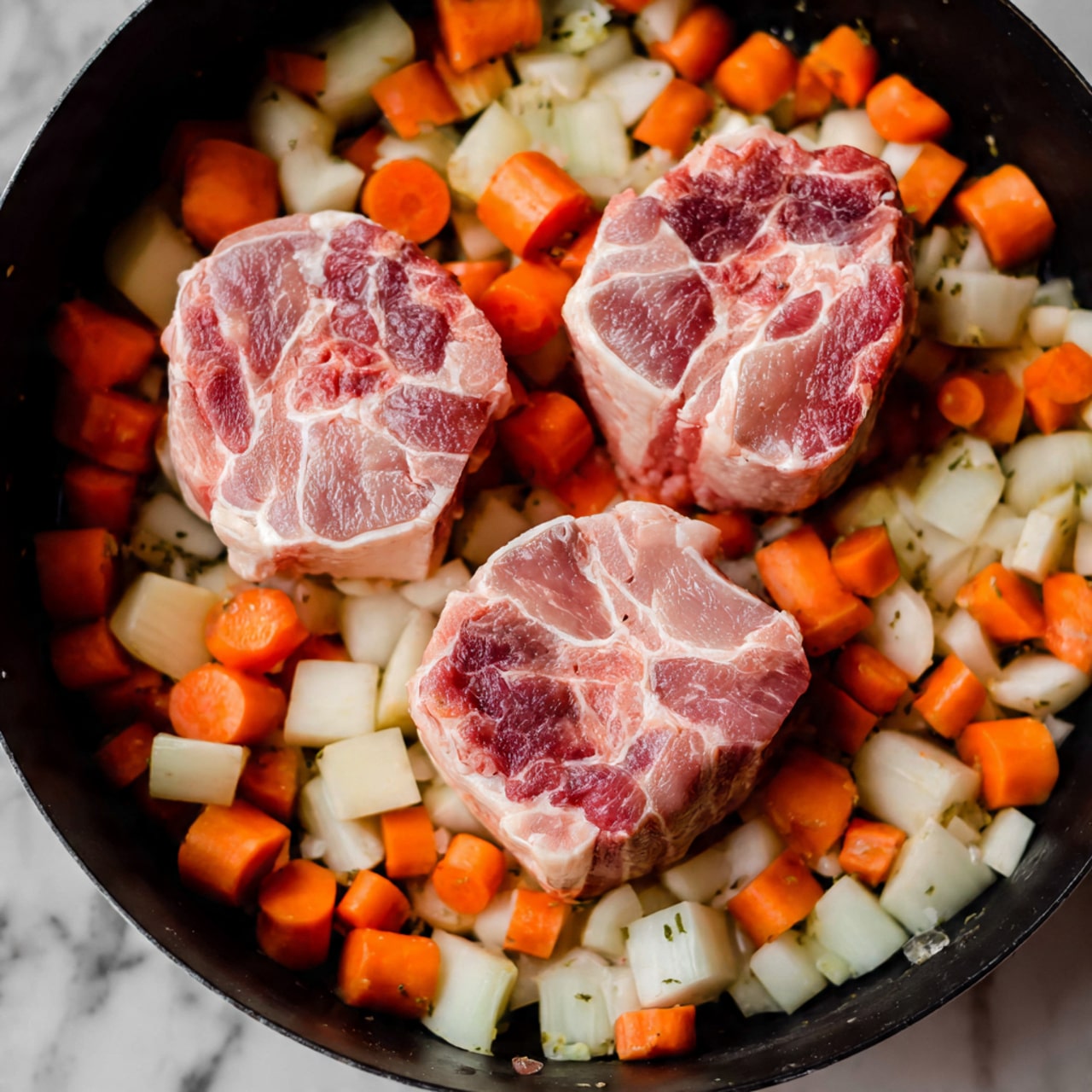 The image shows a close-up of raw meat pieces placed on top of a mix of chopped vegetables in a black pan. The meat is pale red with white marbling, centrally stacked in three large thick circular slices with bone in the middle, surrounded by roughly chopped orange carrot rounds, white onion chunks, and beige irregular root vegetable pieces. The vegetables are uneven in size and cover the base layer. The background is a white marbled surface. photo taken with an iphone --ar 4:5 --v 7
