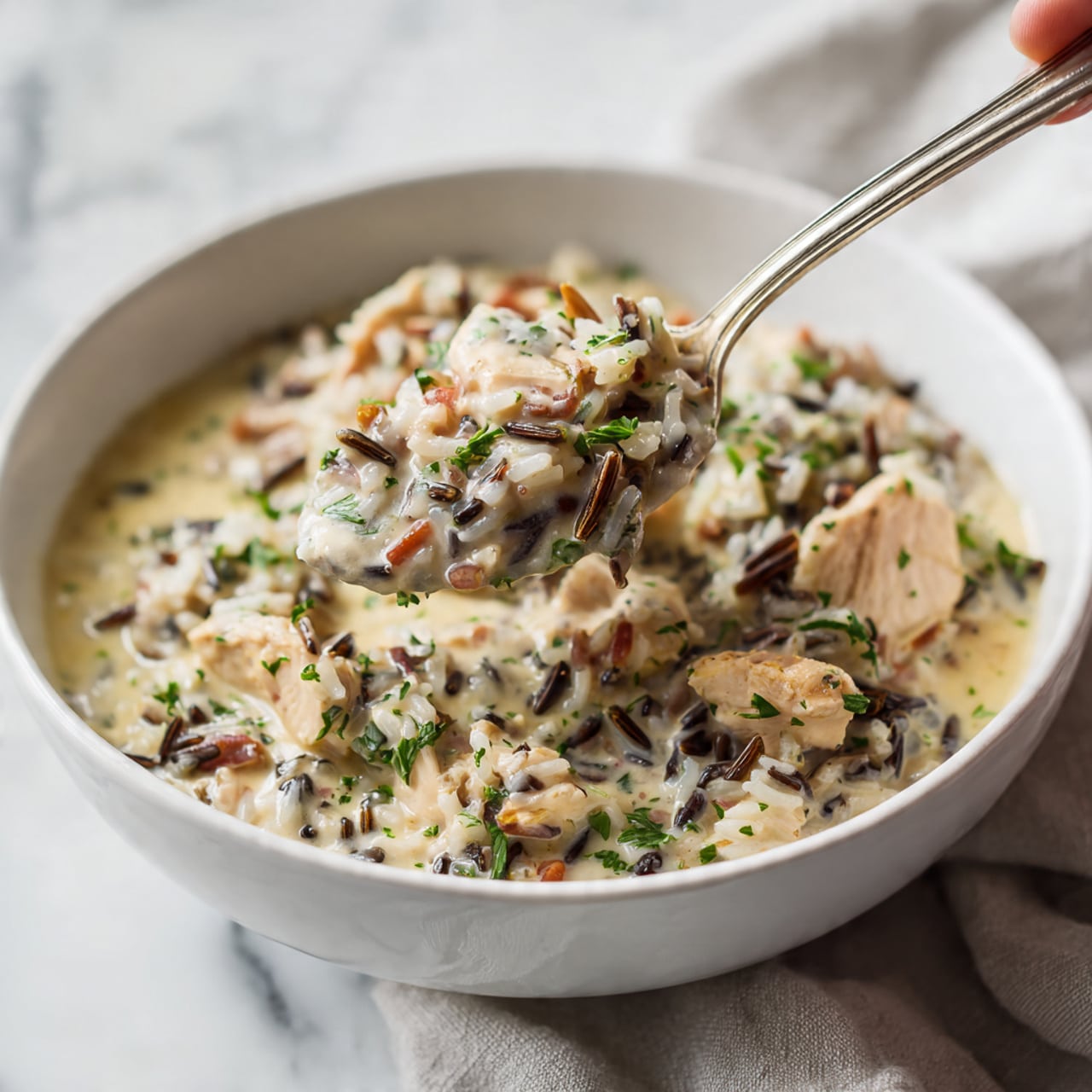A close-up white bowl holds a creamy dish with three main layers visible: a mixture of white and wild rice forms the base and middle, showing a blend of long grains with some dark wild rice strands scattered within. Small chunks of light-colored chicken pieces are mixed through, coated with a pale sauce that gives a smooth, moist texture. Ingredients like small mushroom slices and bits of parsley add spots of light brown and green throughout. A woman's hand is holding a spoon scooping into the dish, lifting a section that reveals the soft, creamy mix and the fresh herbs on top. The bowl rests on a white marbled surface with a cloth under it. Photo taken with an iphone --ar 4:5 --v 7
