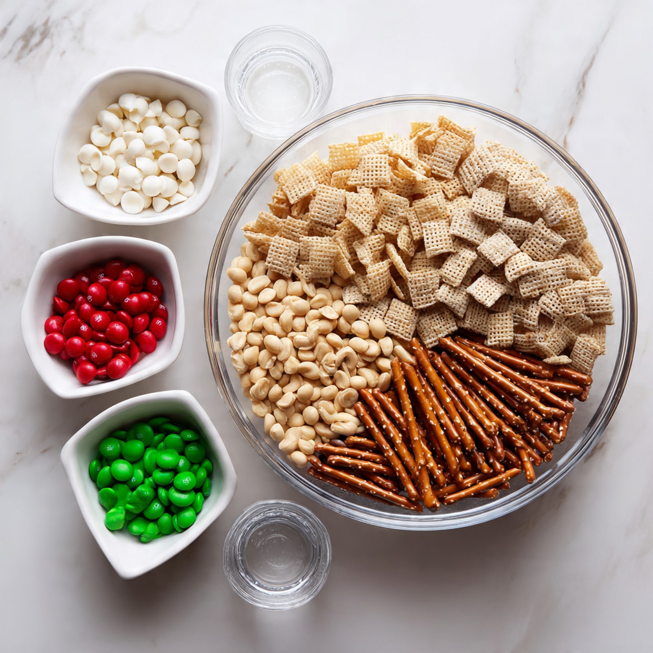 A large clear glass bowl filled with three sections of dry snack mix: light tan square cereal pieces with a woven texture on the top left, small round beige cereal pieces on the bottom left, and long thin brown pretzel sticks with some white salt spots on the right. Surrounding the bowl are four small white bowls: the top left has pale peanut pieces, the top right holds white round candy chips, the bottom right contains bright red and green candy-coated chocolates, and below these bowls is a clear empty glass cup. The whole scene is set on a white marbled surface photo taken with an iphone --ar 4:5 --v 7