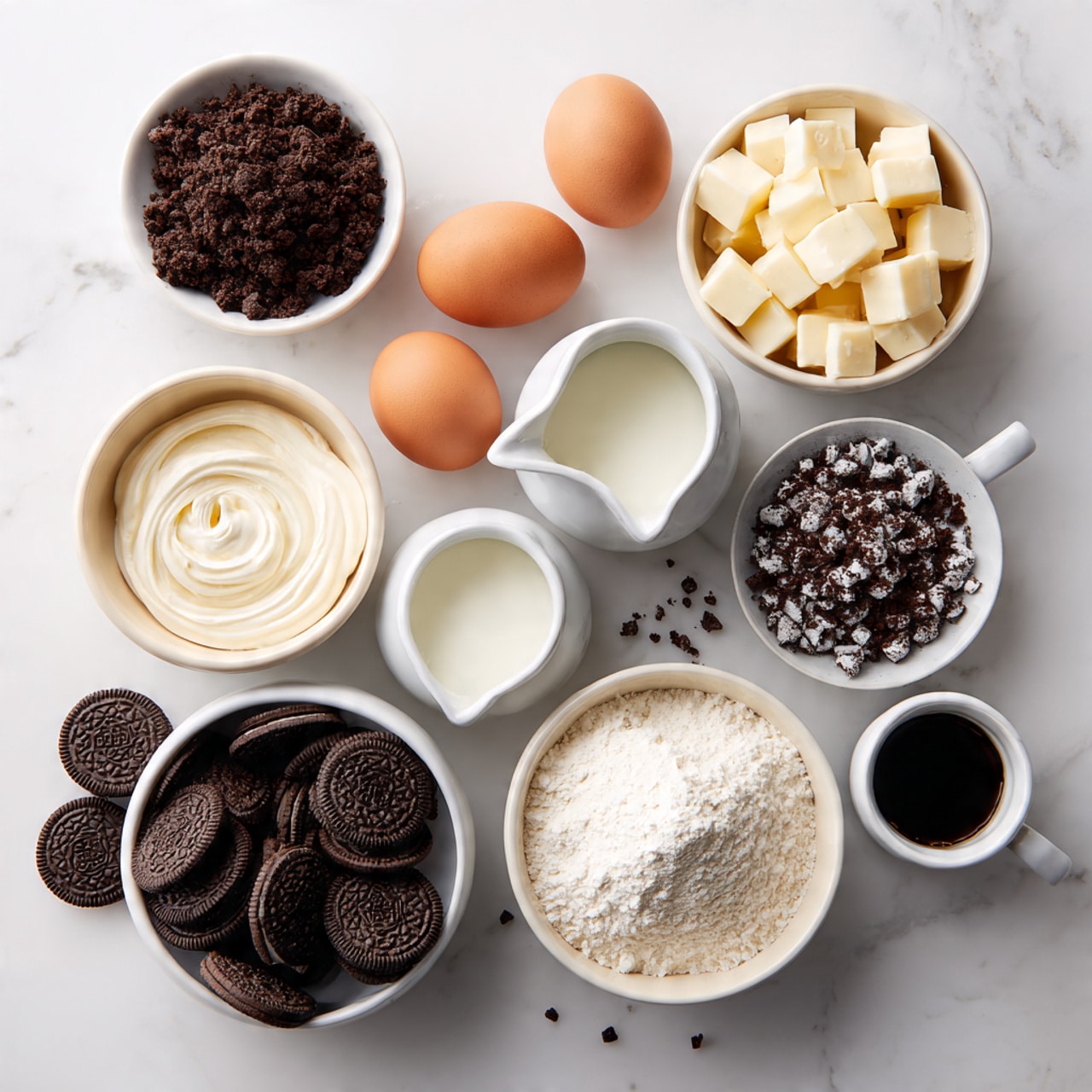 The image shows various baking ingredients neatly arranged on a white marbled surface. There are multiple white bowls filled with different items: two bowls contain pale yellow butter cubes, one bowl holds dark crushed cookie crumbs, and another is filled with sugar. A larger white bowl has a pile of white flour, and next to it is a small white pitcher with milk. Three brown eggs rest beside a small bowl of vanilla extract, and there is a small bowl with a dark red liquid, likely syrup. Another bowl holds mini chocolate sandwich cookies, with some crushed pieces spilled nearby. All the containers have a light and soft color tone, with touches of gold or green rims on some bowls. The layout is clean and bright, with clear separation of each ingredient, perfect for a baking setup photo taken with an iphone --ar 4:5 --v 7
