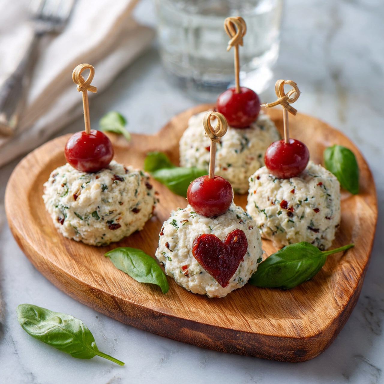 The image shows a heart-shaped wooden board on a white marbled surface, holding several skewers arranged neatly. Each skewer has three layers: the top and bottom layers are small white cheese balls speckled with green herbs and red chili flakes, while the middle layer is a bright red, heart-shaped tomato piece with a smooth texture. Fresh green basil leaves are scattered around the skewers on the wooden board, adding a vibrant touch of color. The scene is lit softly, highlighting the fresh and colorful ingredients. Photo taken with an iphone --ar 4:5 --v 7