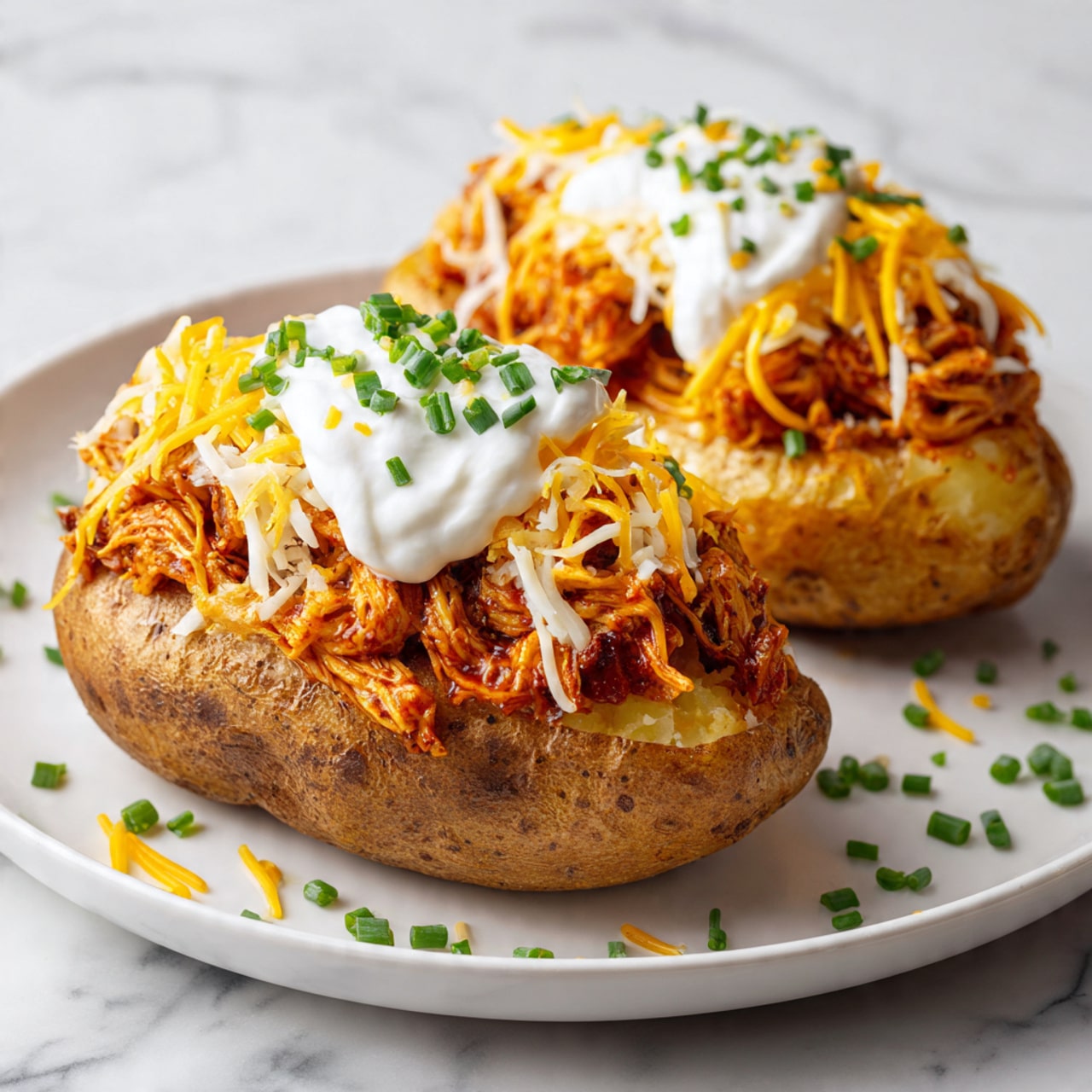 Two baked potatoes are placed on a white plate on a white marbled surface. Each potato has three layers: the bottom is a golden-brown baked potato with a slightly rough texture; on top is a layer of shredded, saucy orange meat that looks tender and moist; above that is a sprinkling of bright orange shredded cheese adding texture; and at the very top is a dollop of white sour cream sprinkled with small, fresh green chives. The plate also has small scattered chives and a few drops of reddish sauce around the potatoes. photo taken with an iphone --ar 4:5 --v 7