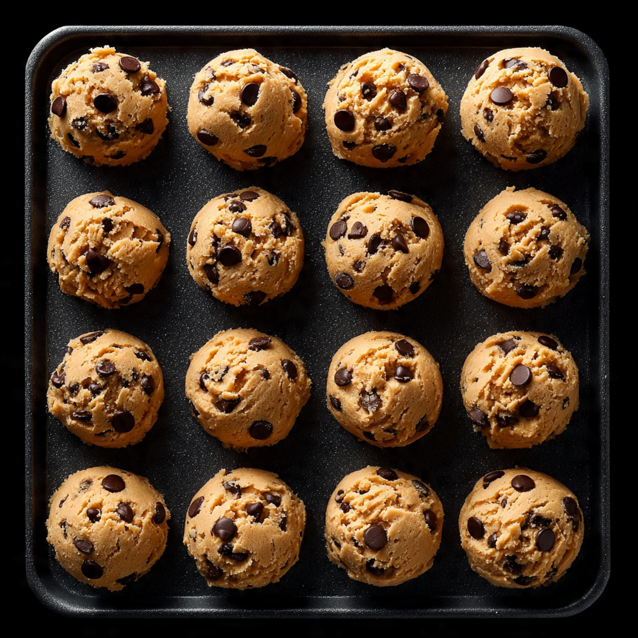 The image shows twelve round scoops of chocolate chip cookie dough placed evenly in rows on a dark baking tray. Each scoop is light tan with plenty of dark brown chocolate chunks mixed throughout, giving a rough, slightly crumbly texture. The dough looks thick and soft, with small bits sticking out around the edges. The tray is flat and dark, contrasting with the pale cookie dough. Photo taken with an iphone --ar 4:5 --v 7