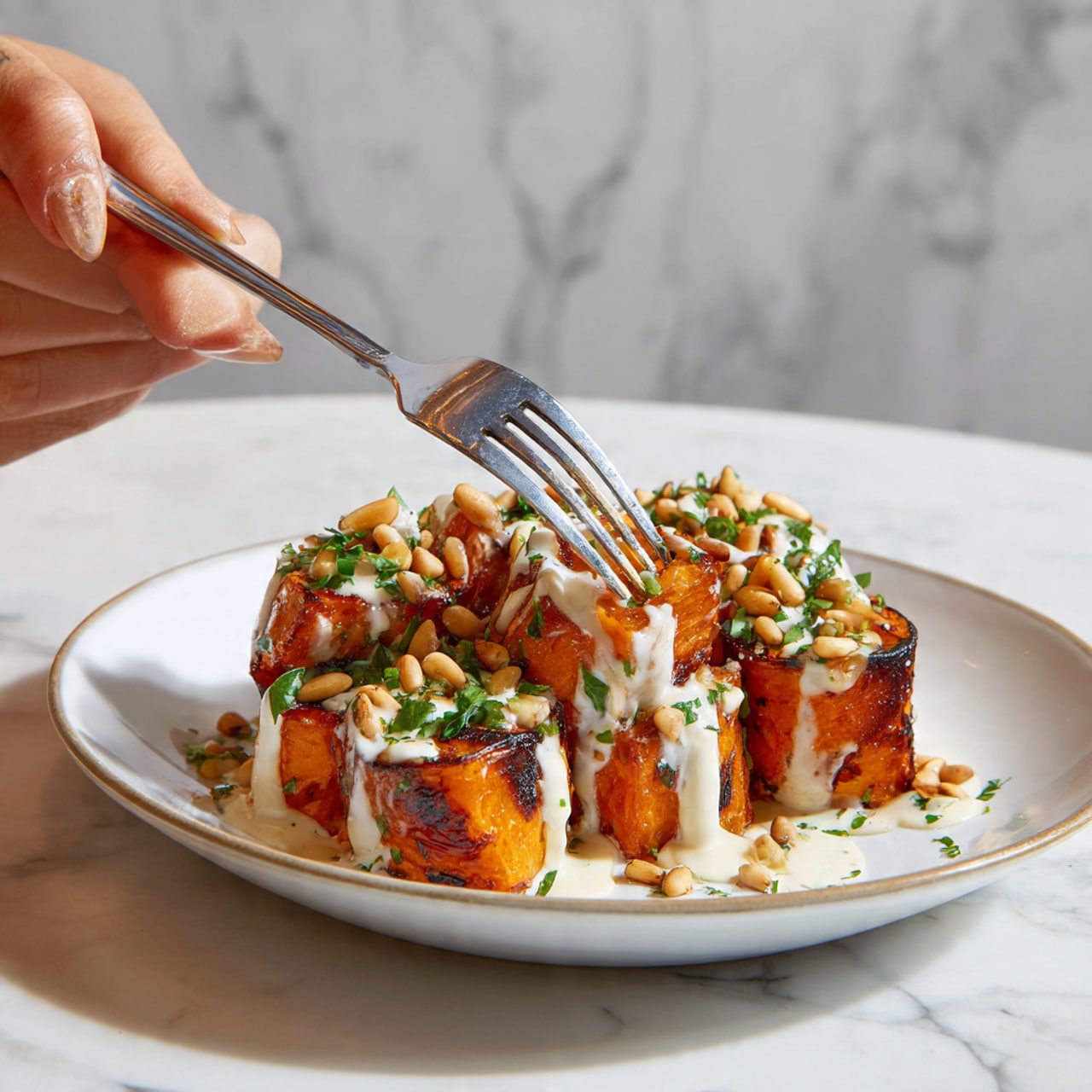 A close-up view of roasted orange chunks of pumpkin layered thickly on a white plate with a white marbled background. The pumpkin pieces are covered with creamy white sauce dripping down their sides. Scattered over the top are small light brown pine nuts and chopped green herbs that add texture and color. A silver fork, held by a woman's hand, pierces one piece in the center, pulling up some of the sauce and pine nuts. The pumpkin pieces show a slightly charred and seasoned surface. Photo taken with an iphone --ar 4:5 --v 7