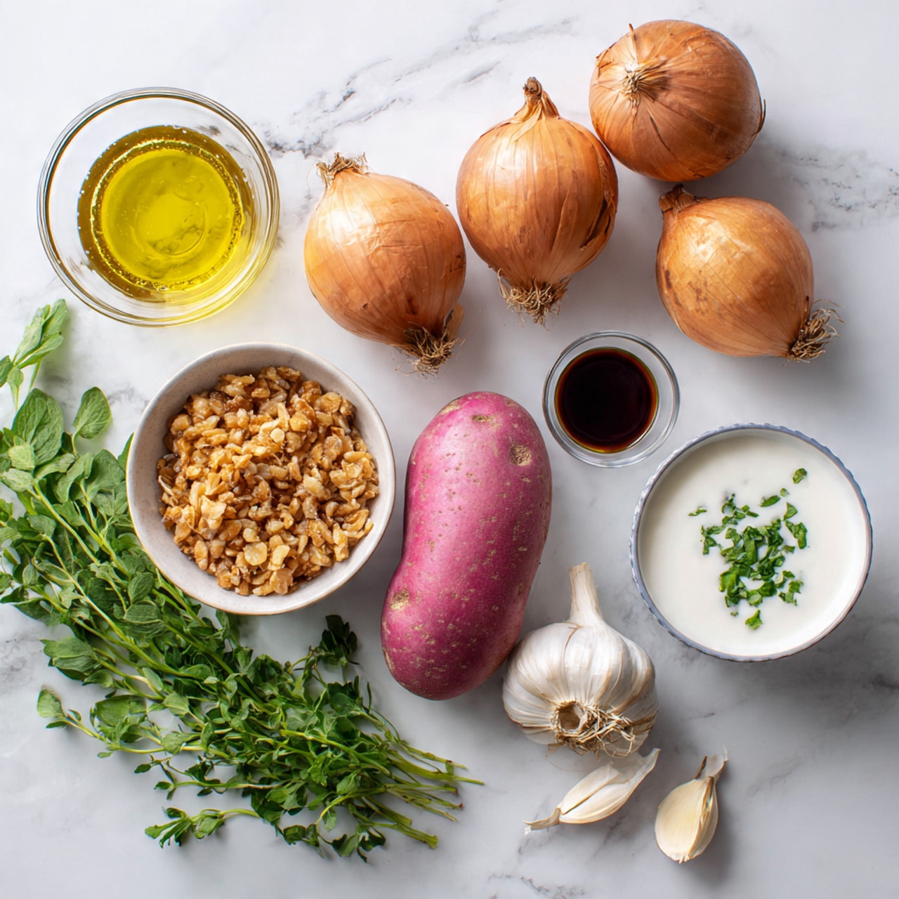 The image shows an arrangement of ingredients on a white marbled surface. There are several whole onions with brown skin, a pinkish-purple potato, a small glass cup of white cream or milk, a small white bowl filled with light brown crushed nuts or seeds, and a small white bowl with a dark liquid, likely soy sauce. Scattered fresh green herbs are placed beside the onions, along with a peeled garlic bulb near the bowls. A small clear container holds a light yellow oil with herbs floating inside. The layout is simple and neat, with everything spaced out evenly. Photo taken with an iphone --ar 4:5 --v 7