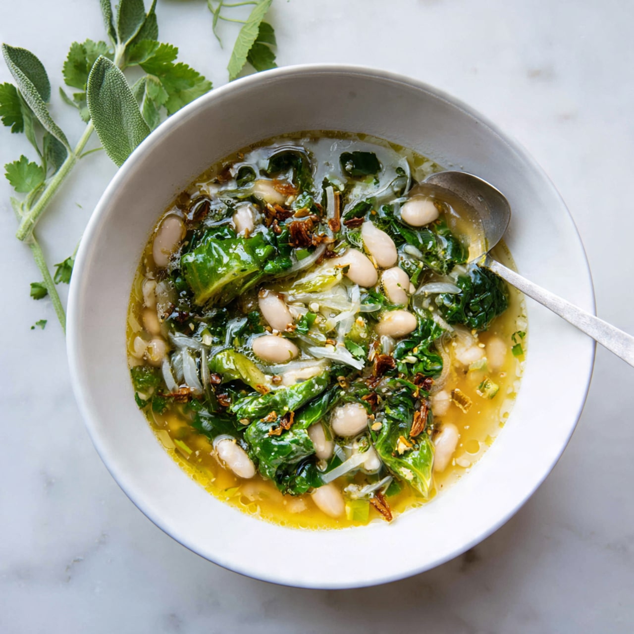A white bowl filled with a warm soup showing three clear layers: the top layer has green leafy vegetables scattered lightly, the middle layer shows small beige beans filling most of the bowl, and the bottom layer holds golden broth that looks smooth and light. Some shredded cheese and tiny herbs rest gently on the middle bean layer. A silver spoon lies inside the bowl, positioned towards the left side. The bowl is set on a white marbled surface with some fresh green herbs placed nearby in the background. photo taken with an iphone --ar 4:5 --v 7