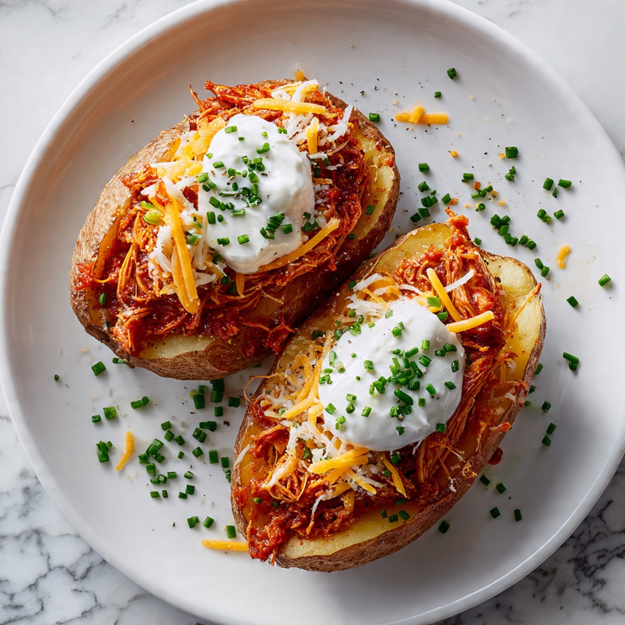 Two baked potatoes lie on a white plate with a white marbled background. Each potato is split and filled with shredded, saucy chicken that has a rich reddish-brown color. Over the chicken, there is a generous layer of bright orange shredded cheese. On the top center of each potato, there is a dollop of white sour cream sprinkled with small, fresh green chives. Some chives are scattered around the plate along with a few drops of sauce. The texture of the potato skin looks crispy, and the filling looks moist and hearty. photo taken with an iphone --ar 4:5 --v 7