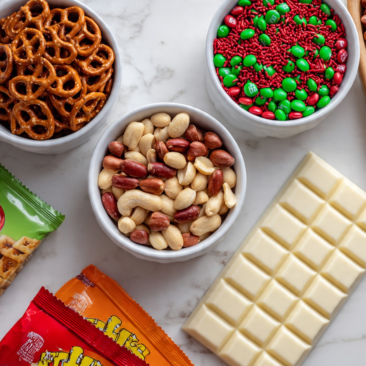 The image shows five snack items arranged on a white marbled surface. On the top left, there is a white bowl filled with small, round pretzels that have a shiny brown texture. Below it, another white bowl holds a mix of shelled peanuts with light tan and reddish-brown colors. To the right of the peanuts, a white bowl is filled with red and green small sprinkles. Next to the sprinkles, on the right, is a large white chocolate bar with a smooth surface divided into square segments. Below the bowls, there are two colorful packages: a red and yellow bag of Bugles chips and an orange bag of red, green, and white Christmas M&M's. The photo taken with an iphone --ar 4:5 --v 7