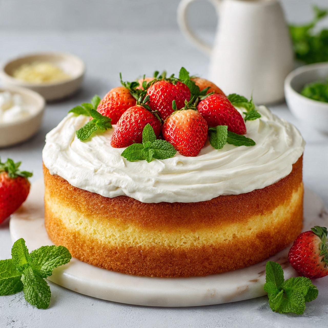 A round cheesecake with two layers sits on a white marbled surface – the bottom layer is a light brown crust, the middle layer is a pale yellow cheesecake, and the top layer is thick white cream spread in soft swirls. On top, there are three halved bright red strawberries and fresh green mint leaves arranged in a small cluster at the center. In the background, a white pitcher and small white bowls with ingredients and green mint leaves are slightly out of focus. photo taken with an iphone --ar 4:5 --v 7