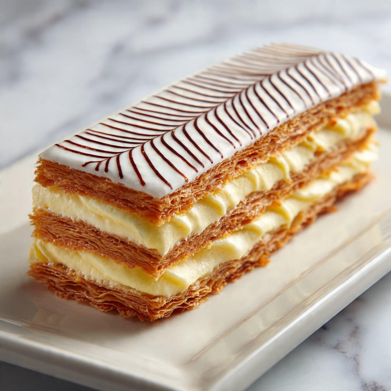 The image shows a rectangular layered pastry with five visible layers of thin, crispy, golden-brown dough alternating with four thick layers of creamy yellow filling. The top layer is covered in smooth white icing decorated with a neat dark brown zigzag pattern, creating a classic feathered design. The pastry is placed on a large white rectangular plate, all set on a white marbled surface with a soft blurred background. Photo taken with an iphone --ar 4:5 --v 7