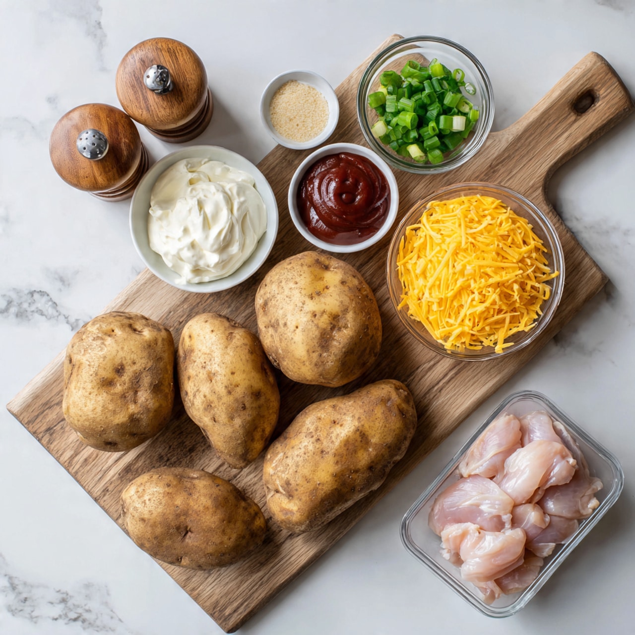 The image shows raw ingredients arranged neatly on a white marbled surface. In the center is a small wooden tray holding four large, rough-textured brown potatoes. Above the potatoes, from left to right, are five small white bowls: one with creamy white sour cream, one with chopped green onions, one with dark reddish-brown barbecue sauce, and one filled with shredded bright orange cheddar cheese. To the left of these bowls are two wooden shakers, likely for salt and pepper, and a tiny white dish holding two powders, light beige and pale yellow. On the right side of the potatoes is a clear plastic container with several raw, pale pink chicken thighs with some white fat visible. Everything is neatly organized, and the focus is on the natural colors and textures of the raw ingredients. Photo taken with an iphone --ar 4:5 --v 7
