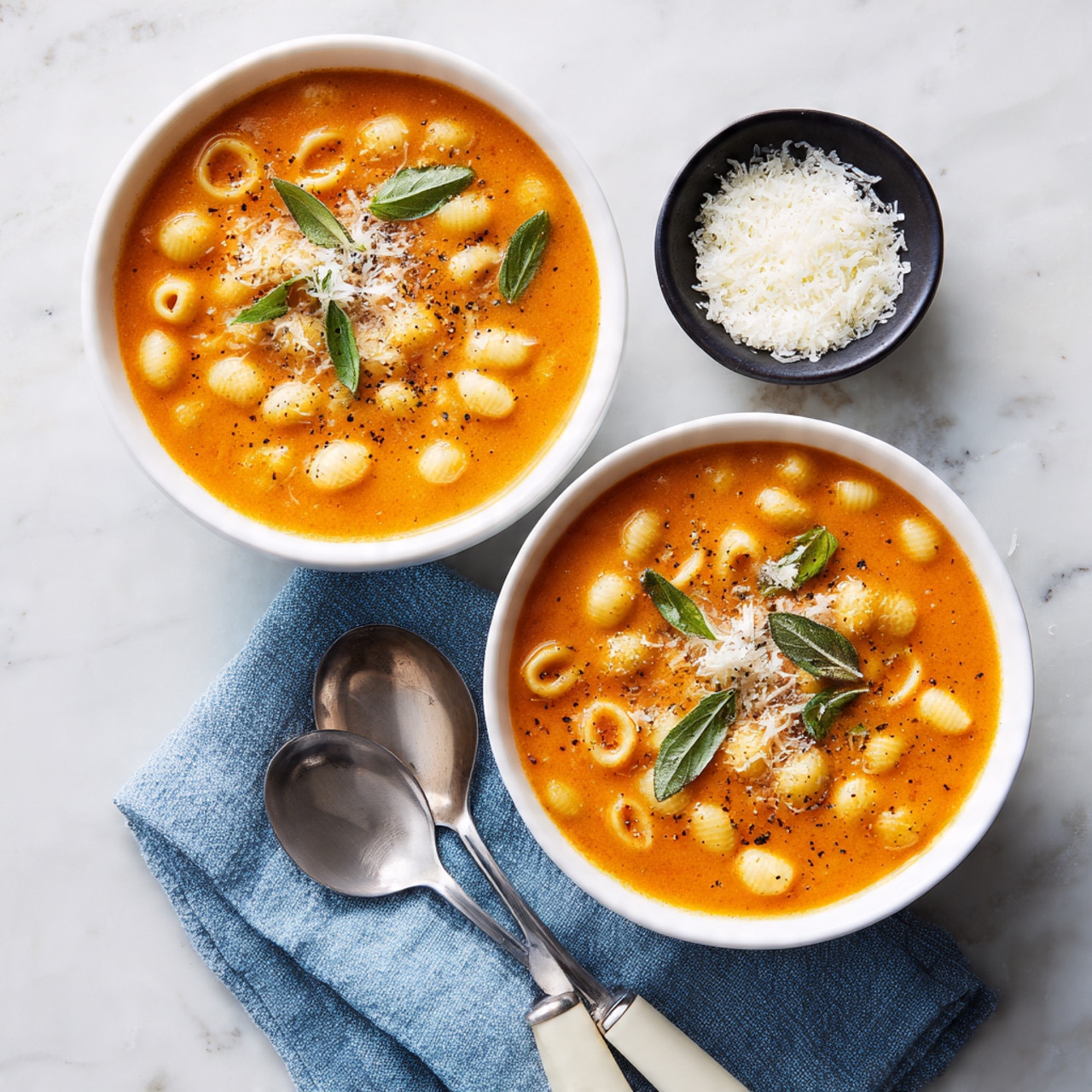 Two bowls filled with a creamy yellow soup with small round pasta pearls floating on the surface. The soup is topped with small green herb leaves and a light sprinkling of grated cheese and black pepper. Each bowl is placed on a blue cloth napkin next to two silver spoons with white handles. Behind the bowls, there is a small white bowl filled with extra grated cheese. The bowls are set on a white marbled surface. photo taken with an iphone --ar 4:5 --v 7