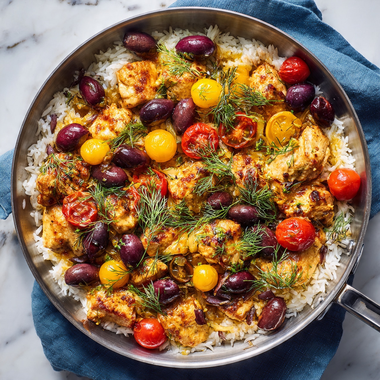 The image shows a round pan filled with a layered dish starting with a base layer of white cooked rice. On top of the rice, there is a second layer of golden-brown cooked chicken pieces with a seasoned, slightly crispy texture. Scattered among the chicken are halved red and yellow cherry tomatoes adding bright pops of color. There are also sliced dark purple olives nestled in the dish. Fresh green sprigs of dill are spread evenly over the top, adding a light and feathery texture. The pan is placed on a white marbled surface with a dark cloth partially visible at the bottom edge. Photo taken with an iphone --ar 4:5 --v 7