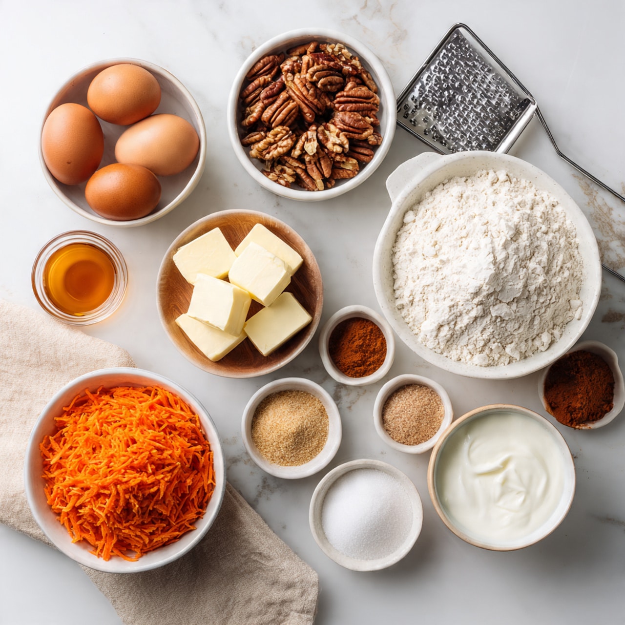 The image shows various ingredients for baking arranged neatly on a white marbled surface. There are 5 large brown eggs in a speckled bowl on the left, next to a bowl filled with bright orange shredded carrots at the bottom left. A medium bowl with white flour is placed at the bottom right. Above the flour are round bowls with glossy brown pecan halves and light brown sugar. Near the center is a white bowl holding two rectangular pieces of pale yellow butter. Around these large bowls are smaller bowls containing white granulated sugar, cinnamon powder, baking powder, ground nutmeg, salt, and a light creamy yogurt-like ingredient. A small pitcher containing golden honey or syrup is also present. A white cloth is visible on the top right corner. On the left edge is a fine grater resting beside the bowls. The arrangement is clean and bright, with all the ingredients clearly visible and some small bits of nuts scattered around photo taken with an iphone --ar 4:5 --v 7