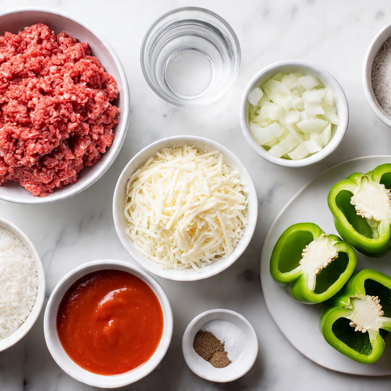 The image shows several small white bowls and a white plate arranged on a white marbled surface. There is one bowl with raw ground meat that is red and finely textured, another bowl with white shredded cheese, a bowl of white chopped onions, a bowl of tomato sauce that is bright red and smooth, a bowl of white rice, a bowl with brown spices, and a small bowl with white salt. To the right, a white plate holds green bell peppers that have been cut in half from top to bottom with seeds removed inside. A glass of clear water is also present near the bowls. The colors are bright and the textures range from smooth sauces to grainy cheeses and finely ground meat. Photo taken with an iphone --ar 4:5 --v 7