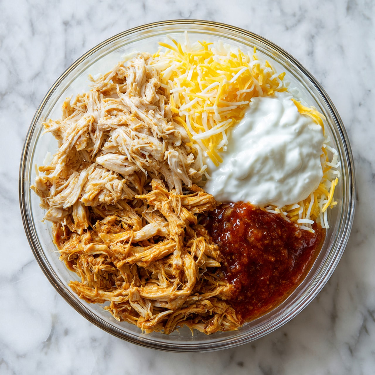 A clear glass bowl sits on a white marbled surface, containing four main layers. In the lower left side of the bowl is shredded chicken with a light beige color and soft texture. In the lower right is a pile of shredded cheese that is orange and white, looking slightly firm. At the top right is a thick layer of white creamy sauce with a smooth texture. The bottom of the bowl holds a rich reddish-brown sauce that spreads beneath the other ingredients, partially visible. The bowl is viewed from above, showing all layers clearly. photo taken with an iphone --ar 4:5 --v 7