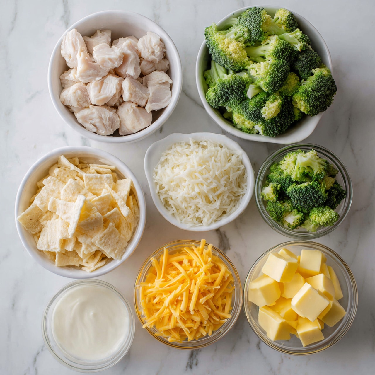 The image shows seven bowls arranged over a white marbled surface, each filled with different ingredients. In the top right, a white bowl holds broken golden cracker pieces. Below it, a small white bowl contains three cubes of pale yellow butter. Next to the cracker bowl, a glass bowl contains fluffy white cooked rice. Below the rice, a white bowl is filled with chunks of light beige cooked chicken. To the left of the chicken, a white bowl is filled with bright orange shredded cheddar cheese. Below the cheese, a small bowl holds thick pale yellow mayonnaise. Next to the mayo, a gray bowl contains fresh green broccoli florets. Two small stainless steel bowls hold a creamy white sauce with specks, placed near the top left and bottom right of the arrangement. Photo taken with an iphone --ar 4:5 --v 7