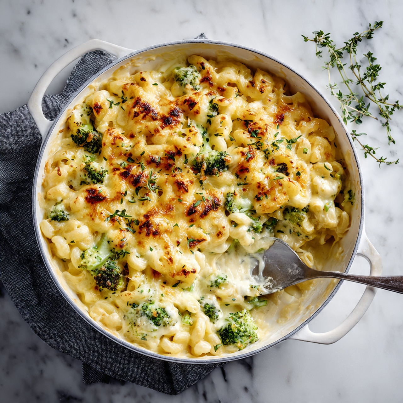 A close-up of a creamy baked pasta dish in a round white pan with a thin black rim. The dish has two main layers: a base layer of soft white pasta mixed with creamy white sauce and small pieces of green broccoli, and a top layer of melted golden-yellow cheese with spots of light browning. Green herb leaves are scattered over the cheese for garnish. A spoon is scooping out some pasta from the bottom left, showing the smooth sauce and pasta beneath the cheesy top. The pan is placed on a white marbled surface with some green herbs and a pepper grinder nearby. Photo taken with an iphone --ar 4:5 --v 7
