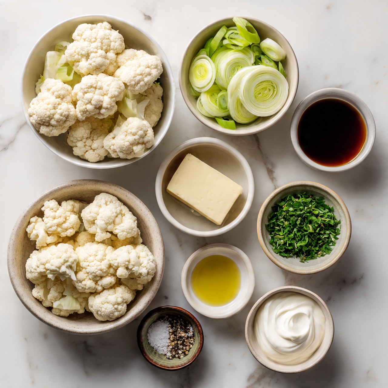 The image shows several small white bowls arranged on a white marbled surface, each containing different cooking ingredients. There is a bowl filled with white cauliflower florets, another with sliced pale green leeks, and one with chopped green herbs. A bowl holds a dark brown liquid, likely broth, while another contains a small block of light beige butter. There are also small bowls with olive oil, salt and pepper, and a bowl of white cream or yogurt. The bowls are all neatly organized and the colors range from cream and white to shades of green and brown. photo taken with an iphone --ar 4:5 --v 7