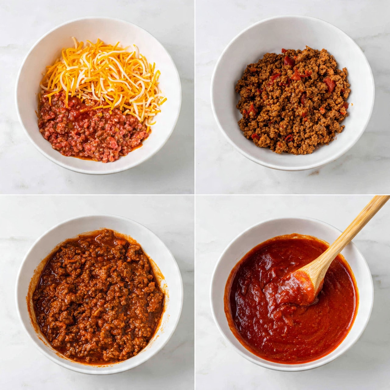 The image shows six steps of making a meat sauce in white bowls on a white marbled surface. The first layer is shredded orange and yellow vegetables evenly spread in the bowl. The second layer shows raw ground meat mixed with the shredded vegetables, pink with bits of orange and yellow. The third step has the same mixture cooked to a brown color, breaking into small pieces. The fourth step adds a red sauce poured over the cooked meat, with a wooden spoon mixing on the right side inside the bowl. The fifth step shows the meat fully covered in red sauce, simmering with a smooth, shiny texture. In the sixth step, the sauce thickens to a chunky, rich red layer with ground meat evenly mixed throughout. Photo taken with an iphone --ar 4:5 --v 7