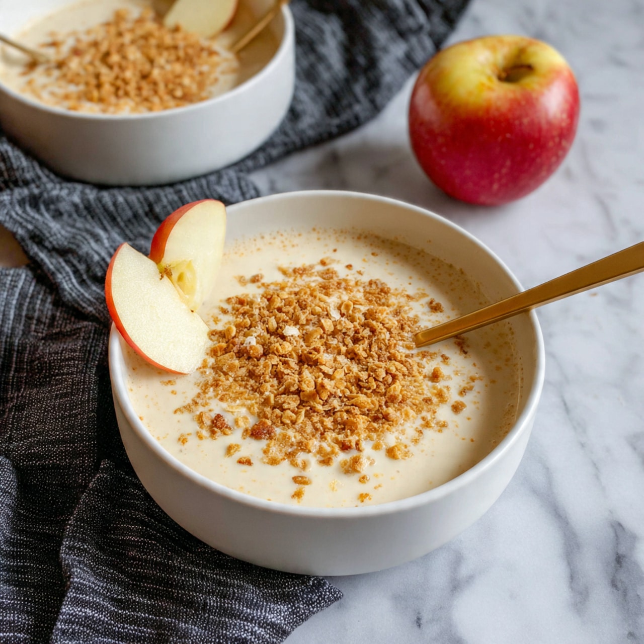 A white bowl holds a creamy beige mixture with a slightly chunky texture, topped unevenly with a layer of light brown crumbs, and a pale apple slice is placed on the edge of the bowl. A gold spoon is partly inside the mixture, resting near the crumbs. In the background on a white marbled surface, there is another white bowl with red trim holding more apple slices, and a whole red and green apple sits beside it. A blue and white striped cloth lies nearby. Photo taken with an iphone --ar 4:5 --v 7