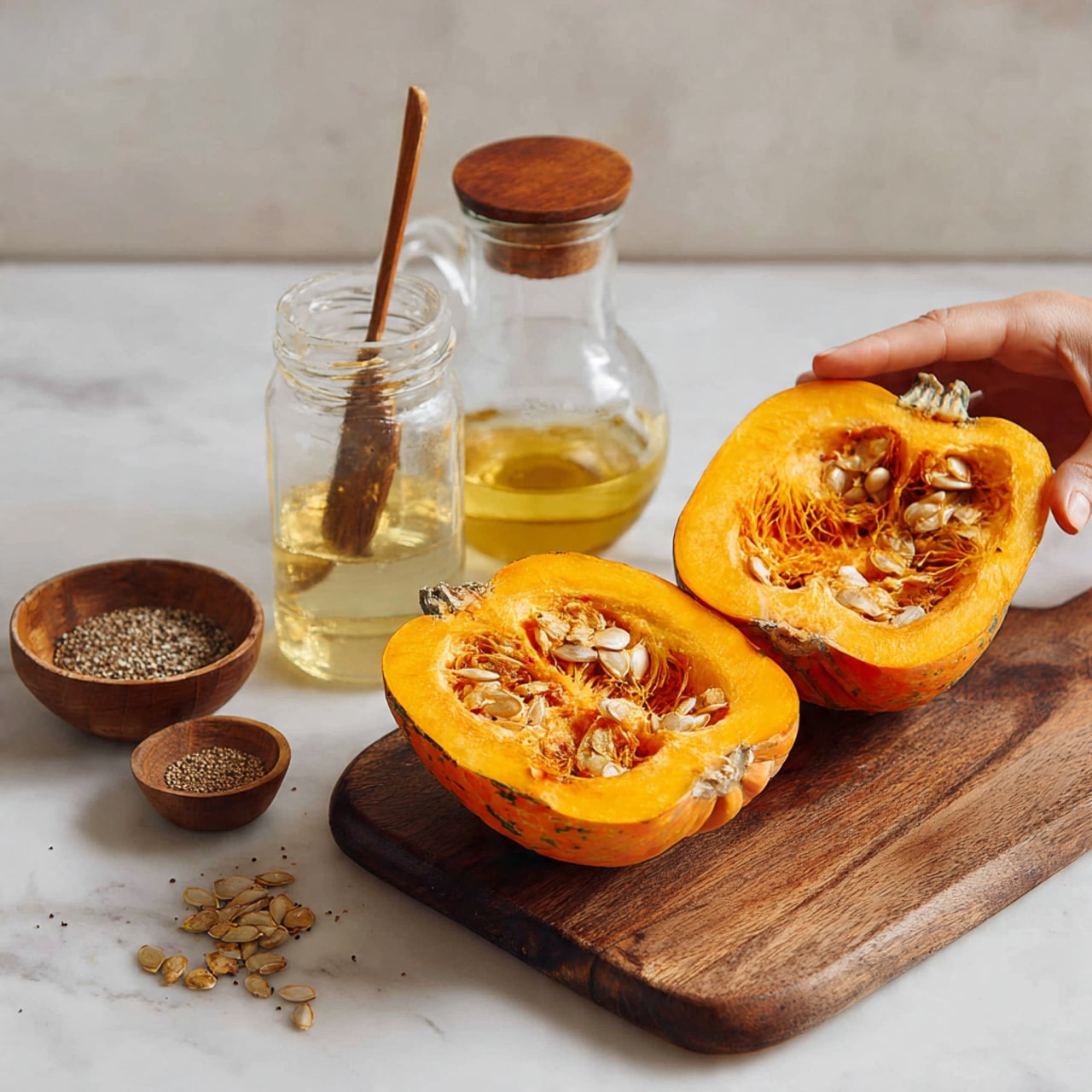 The image shows a white marbled surface with an open pumpkin cut into two halves on a wooden board. The pumpkin halves display bright orange flesh and a rough texture inside, with some seeds visible. Next to the board, there is a glass bottle with dark green oil, a small glass jar with a metal lid, and a round wooden container with a small spoon inside. A woman's hand is gently touching one of the pumpkin halves, creating a natural and warm scene. Photo taken with an iphone --ar 4:5 --v 7