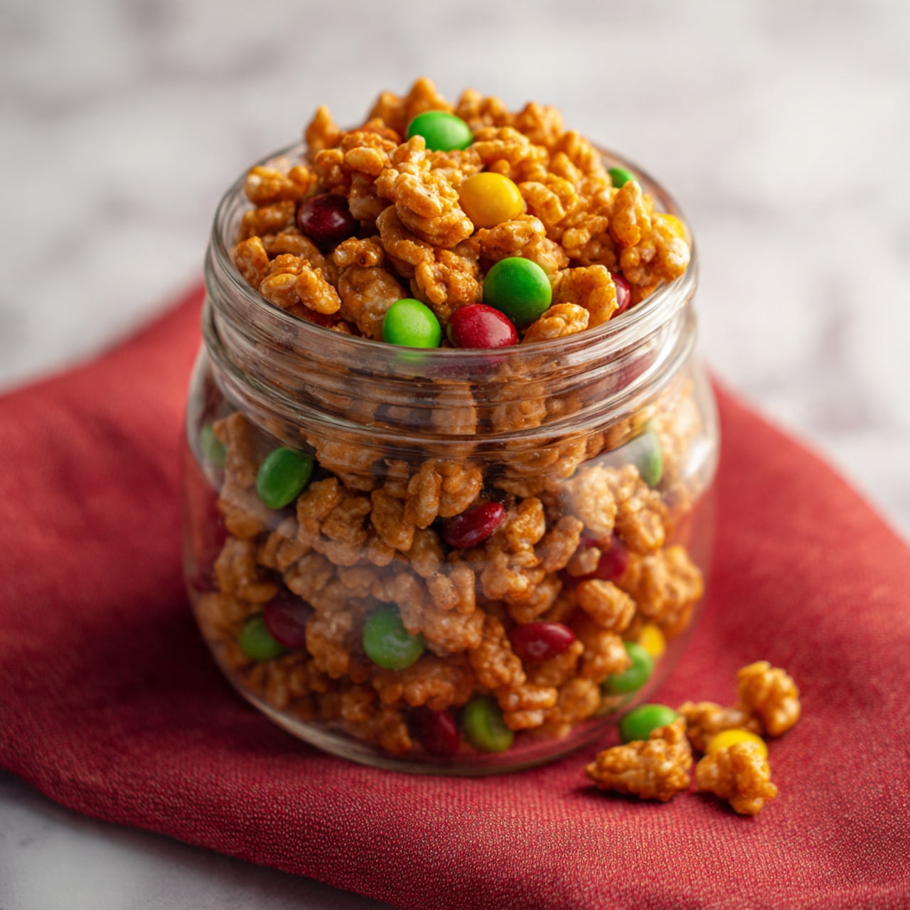 A clear glass jar is filled with a mix of cereal pieces that are golden brown and lightly coated in a white sticky layer, combined with bright red and green round candy pieces scattered throughout. The jar is placed on a soft red cloth, resting on a white marbled surface that contrasts with the colorful mix inside. The texture looks crunchy with a glossy coating that binds the ingredients together, visible through the jar's clear sides. Photo taken with an iphone --ar 4:5 --v 7