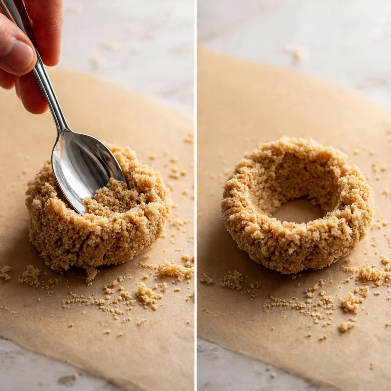 The image shows a close-up of a baking tray covered with a white marbled textured surface. On the tray, there are round dough balls with a rough, light beige texture. A metal spoon is pressing into the center of one dough ball, creating a deep hollow space in the middle, making it look like a small hollow cup. The dough has a crumbly but sticky appearance, and the woman's hand is not directly visible but implied by the spoon. The background has a soft, white marbled texture, and the scene is lit with natural light. photo taken with an iphone --ar 4:5 --v 7