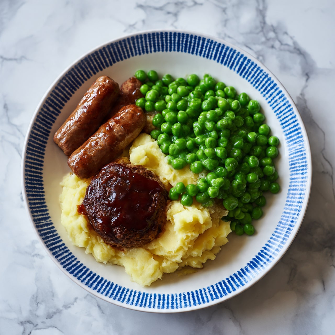 The image shows a white plate with a blue circular pattern around the edge, placed on a white marbled surface. The plate has four main parts: three brown sausages with a slight shine, positioned next to mashed potatoes that are creamy and light yellow with a soft texture; a generous helping of bright green peas, which look fresh and firm, sitting above the mashed potatoes; and a dark brown, glossy meat patty near the peas. The food is arranged in a clean, organized way, creating a balanced look. Photo taken with an iphone --ar 4:5 --v 7