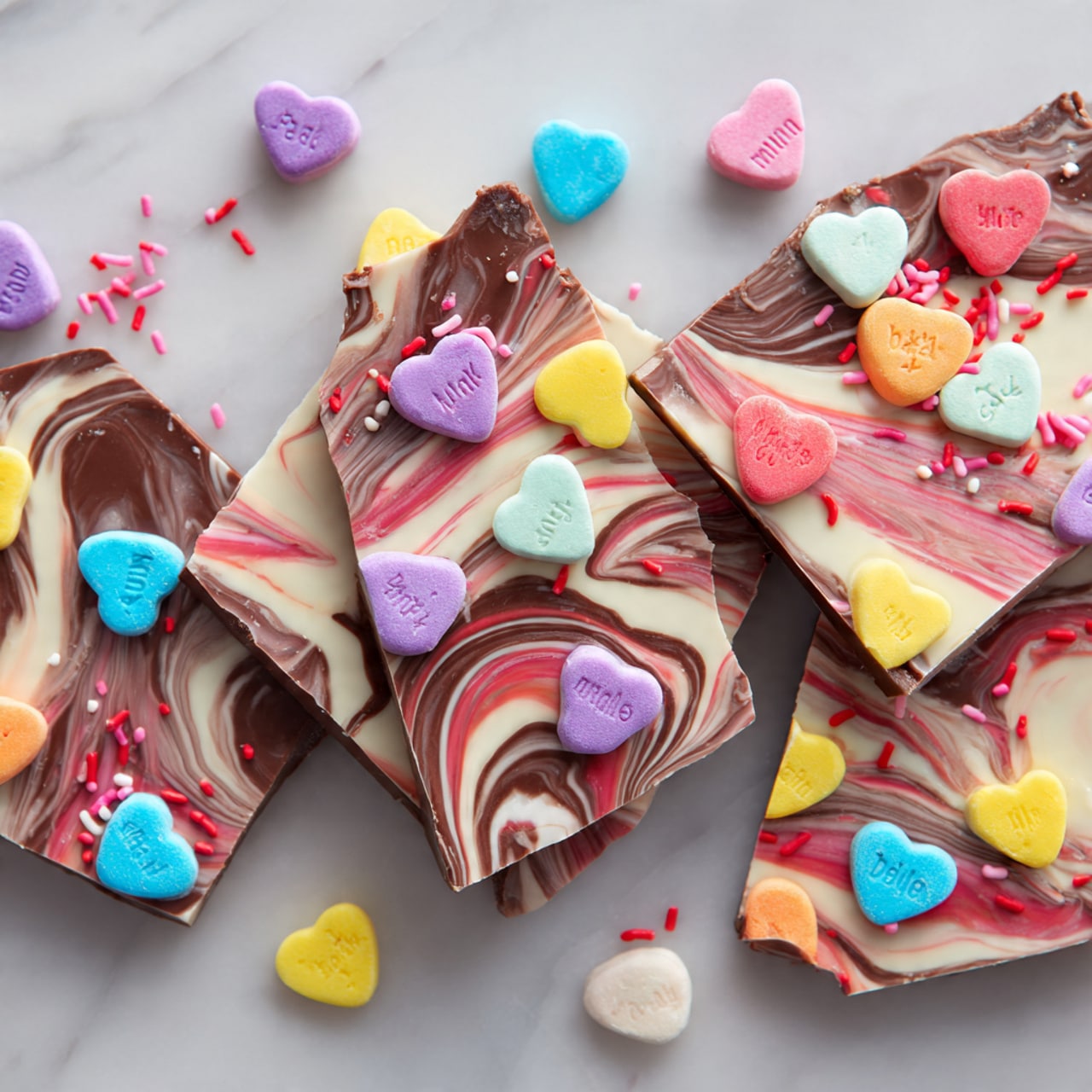 The image shows pieces of chocolate bark broken into irregular shapes on a white marbled surface. Each piece has a smooth, shiny base layer of light pink chocolate with swirls of dark brown chocolate creating a marbled effect on top. Scattered across the bark are colorful candy hearts in pastel shades of yellow, pink, purple, blue, and orange, with playful messages printed on them. Small pink round candies are sprinkled around and on the bark pieces, adding texture and extra color contrast. The overall look is festive and sweet, with a mix of smooth, swirled, and candy-coated textures. photo taken with an iphone --ar 4:5 --v 7
