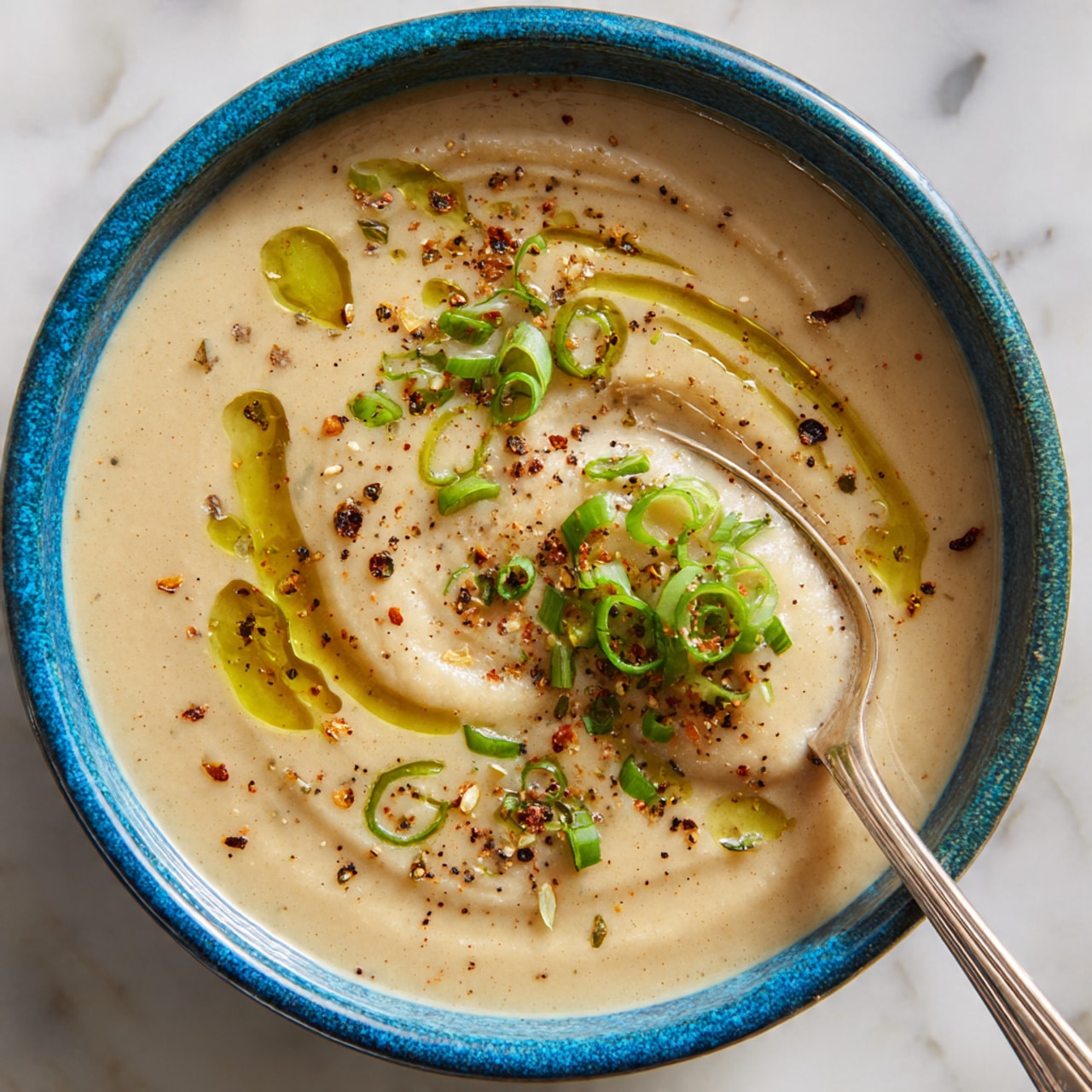 A close-up of a blue-rimmed white bowl filled with creamy, light beige soup with a smooth texture. The soup surface has a swirl pattern with a drizzle of light green oil. Small round slices of green onion and sprinkles of cracked black pepper are scattered on top. A silver spoon on the right holds a scoop of the soup with green onion slices and pepper flakes on it. The bowl sits on a white marbled surface. photo taken with an iphone --ar 4:5 --v 7