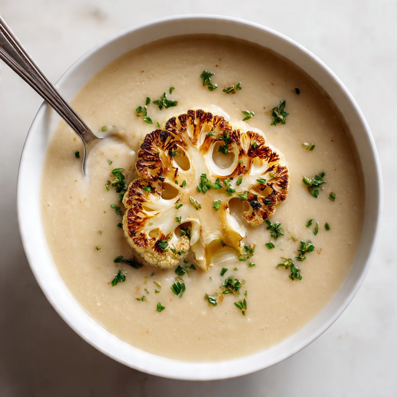 A white bowl filled with smooth, light beige creamy soup that has a velvety texture. On top of the soup in the center is a single, golden-brown roasted cauliflower slice with charred edges and a slightly crispy look. Scattered around the cauliflower are small green herb pieces, adding a fresh touch. A silver spoon with a decorative handle rests inside the bowl near the top edge. The bowl is placed on a white marbled surface with a white cloth partially visible at the bottom right corner. photo taken with an iphone --ar 4:5 --v 7