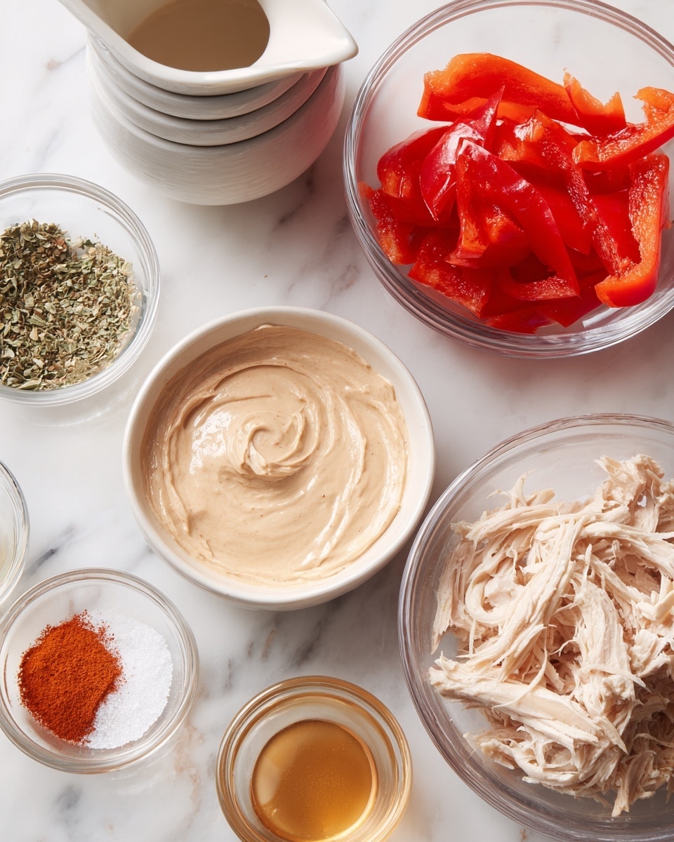 The image shows several small white bowls and clear glass containers arranged on a white marbled surface. One white bowl has a smooth, creamy beige spread with visible swirl patterns on top. Next to it, a clear glass bowl contains bright red, peeled roasted bell pepper pieces with a slightly shiny and soft texture. Another white bowl holds shredded pale chicken pieces that look tender and moist. A small glass container is filled with a light brown broth. In the background, a stack of plain white bowls is partly visible, and a small clear bowl holds some green herbs, coarse salt, and red-orange spice powder. A white ceramic pitcher is placed to the left side. photo taken with an iphone --ar 4:5 --v 7