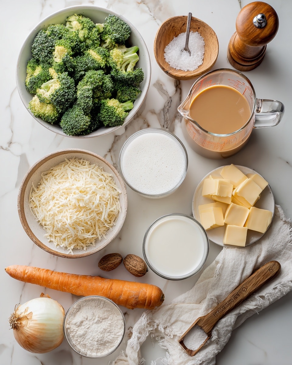 The image shows an overhead view of cooking ingredients on a white marbled surface. At the center left, there is a white bowl filled with many small pieces of fresh green broccoli. Above it is a small wooden bowl with white coarse salt, and behind that, a tall wooden pepper grinder. To the right of the broccoli bowl, there is a clear glass measuring cup filled with light-brown broth. Below that is a smaller clear glass measuring cup filled with white milk with foam on top. To the bottom right, a small white bowl contains square blocks of yellow butter. A plain orange carrot lies vertically between the butter and an onion below it, the onion is round and light brown with its skin on. Below the onion is a small white bowl holding a single nutmeg. To the bottom left, there is a clear glass bowl filled with shredded white cheese. Near the cheese is a small cup filled with white flour and a wooden-handled scoop resting inside. A white cloth with a frayed edge lies on the bottom right side. The scene is bright with even natural light, and all items are clearly visible. photo taken with an iphone --ar 4:5 --v 7