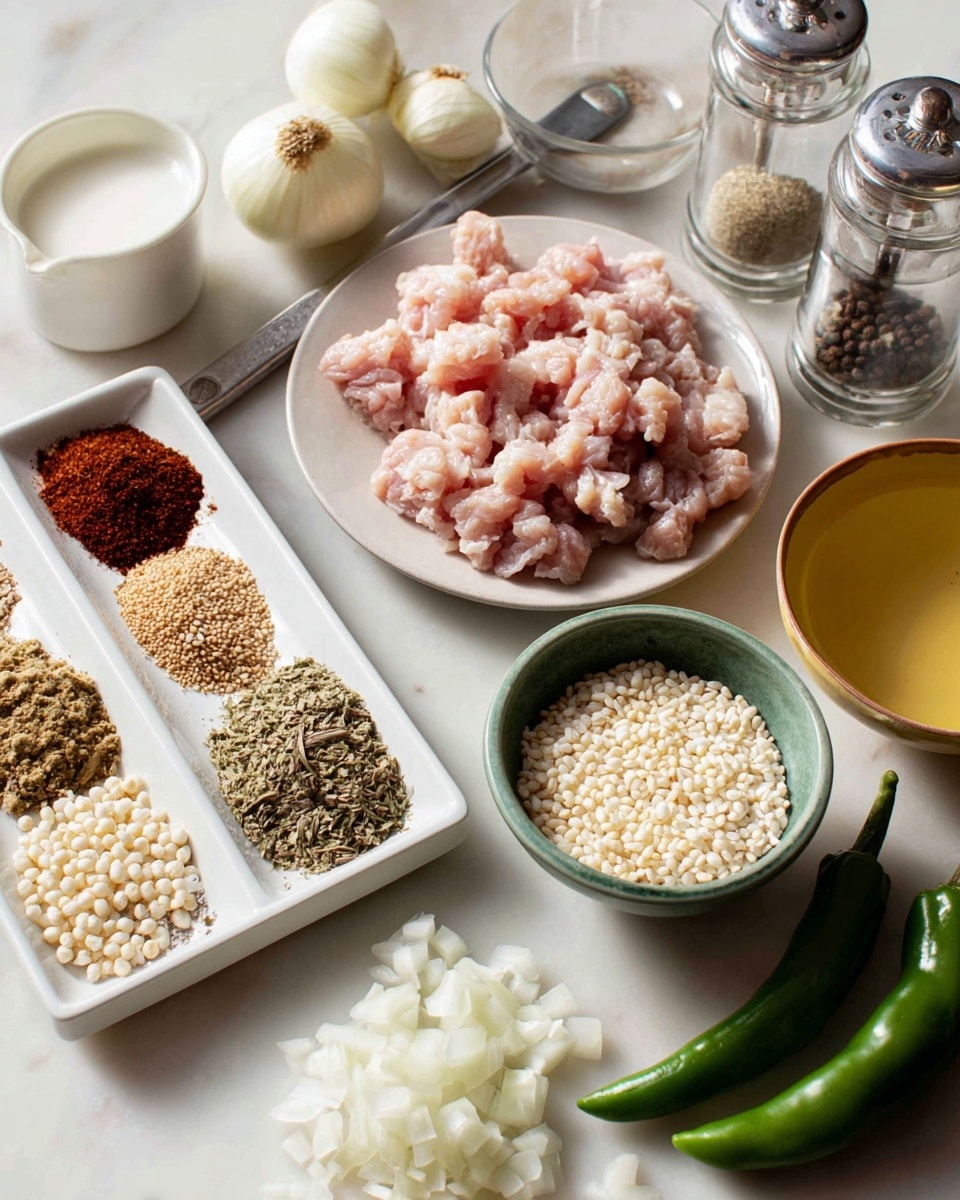 The image shows several cooking ingredients arranged on a white marbled surface, including a white rectangular tray holding four different spices in separate piles: a reddish-brown powder, a dark brown powder, light tan seeds, and a mix of small beige and brown seeds. Nearby, a round white plate holds raw, pink pieces of chopped meat. A green bowl filled with small, round white grains, which look like rice, is also present. There are two whole green peppers placed beside the meat plate. A small white bowl contains a thick white liquid, and a transparent glass holds a white powder. A pile of chopped white onions rests beside a silver knife with a black handle. A yellow bowl contains light golden broth. In the background, there are two clear spice grinders. The overall setting is neat with soft, natural lighting. Photo taken with an iphone --ar 4:5 --v 7