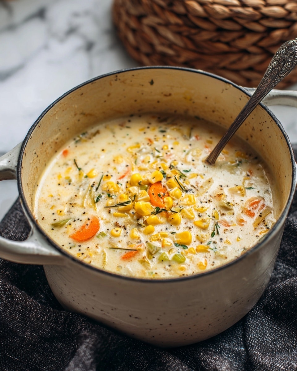 A pot filled with creamy soup showing several layers of ingredients. The top layer has bright yellow corn kernels scattered all over, mixed with orange carrot slices of different sizes and small bits of green celery. There are tiny herbs and spices sprinkled throughout the whole creamy white broth. A spoon with a silver handle is partly inside the pot on the right side. The pot is placed on a dark cloth with a textured weave, and a round, basket-like object is softly blurred in the background over a white marbled surface. Photo taken with an iphone --ar 4:5 --v 7
