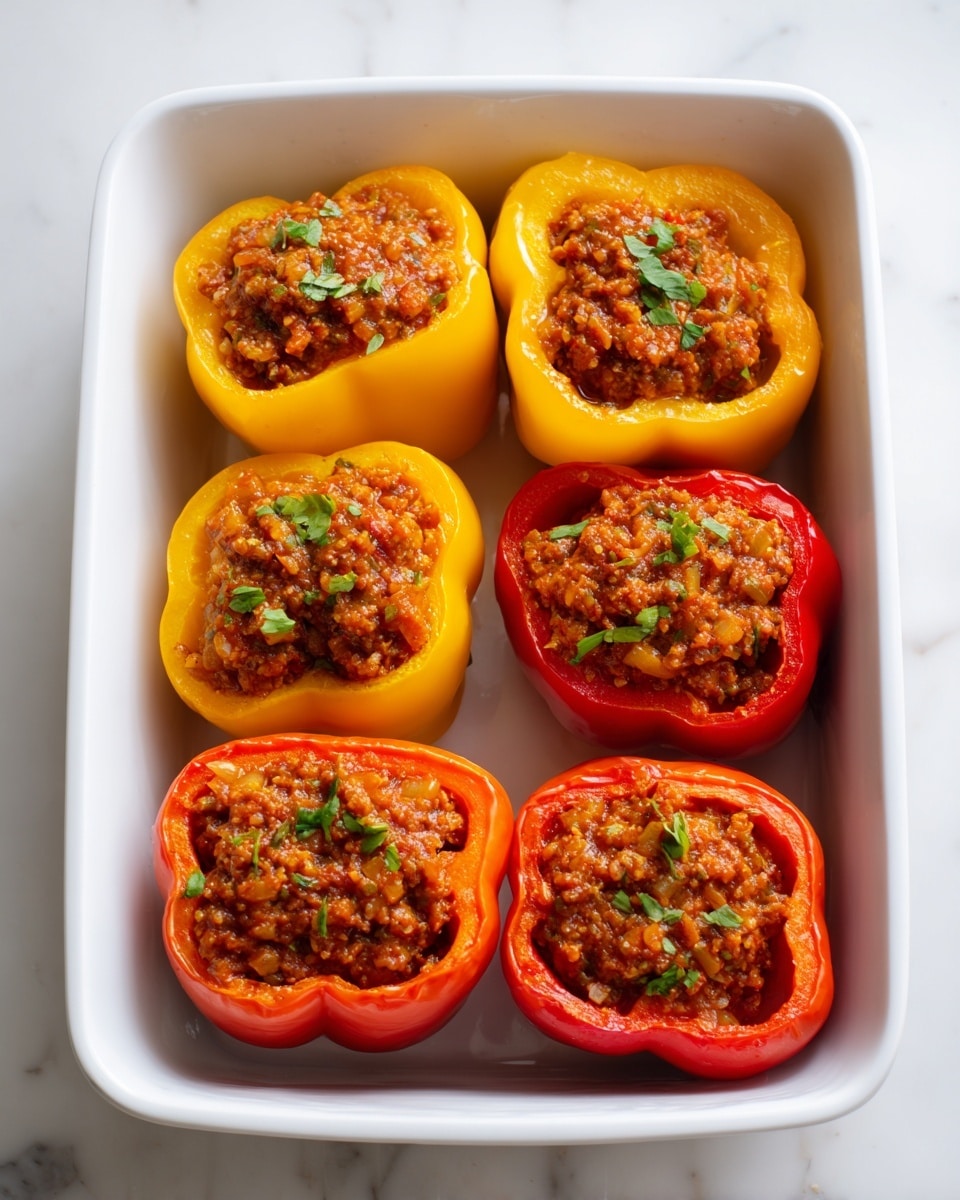 Six bell pepper halves are arranged in a white rectangular baking dish, three yellow and three red, placed alternately in two neat rows of three. Each pepper half is hollowed out and filled with a chunky brownish-red cooked filling, showing visible small bits and herbs, filling the peppers close to the top edges. The peppers have glossy, smooth skin, and slight texture is visible on the cooked filling. The dish sits on a white marbled surface. Photo taken with an iphone --ar 4:5 --v 7