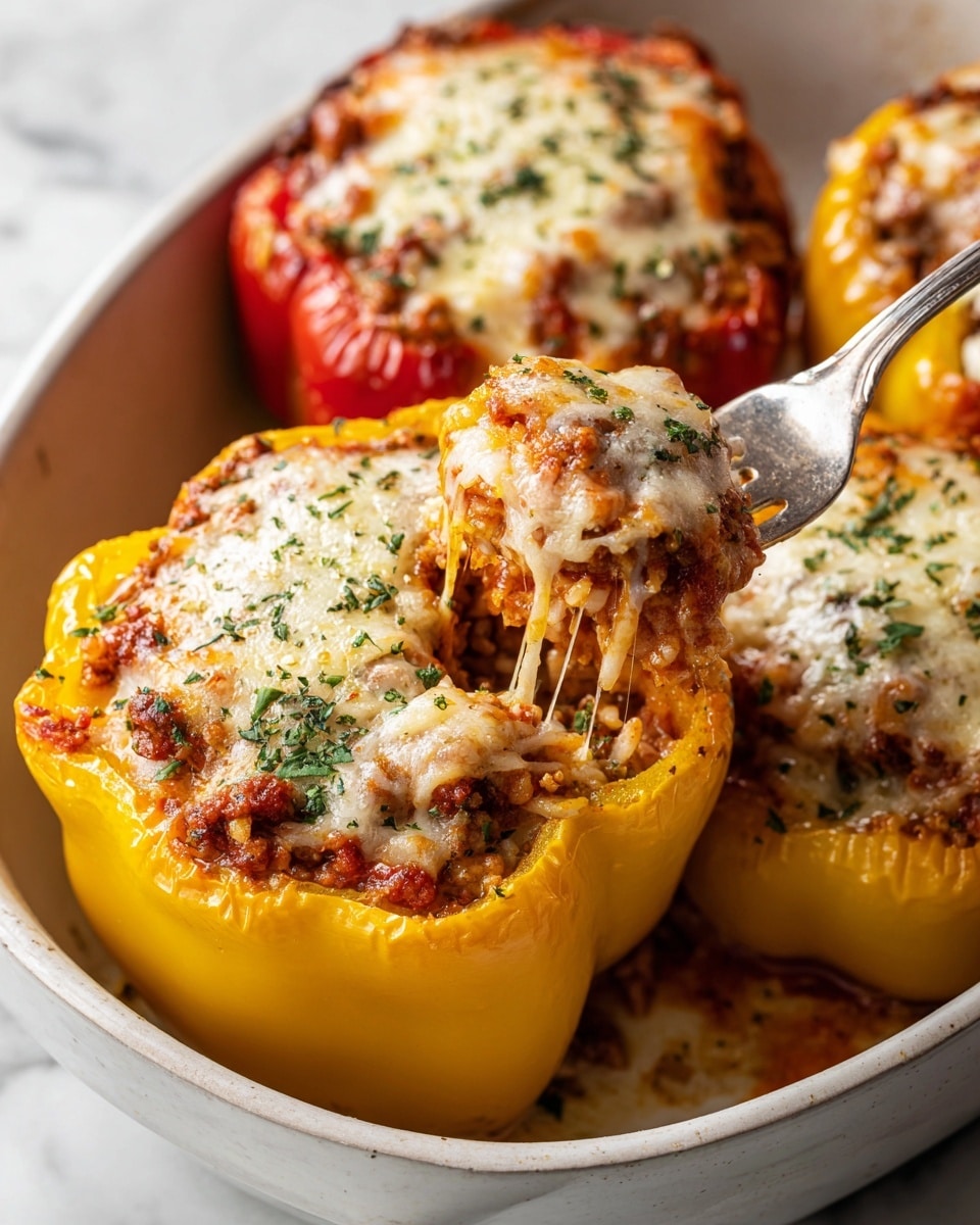 The image shows a close-up of yellow and red bell peppers stuffed with a mix of ground meat, rice, and tomato sauce, all topped with melted, lightly browned cheese sprinkled with green herbs. One yellow pepper is in the front, open with a fork lifting a cheesy, stringy bite, showing layers of melted cheese on top, a rich red sauce mixed with ground meat inside, all contained within the smooth, shiny pepper walls. The stuffed peppers are placed closely together in a white dish on a white marbled surface. Photo taken with an iphone --ar 4:5 --v 7