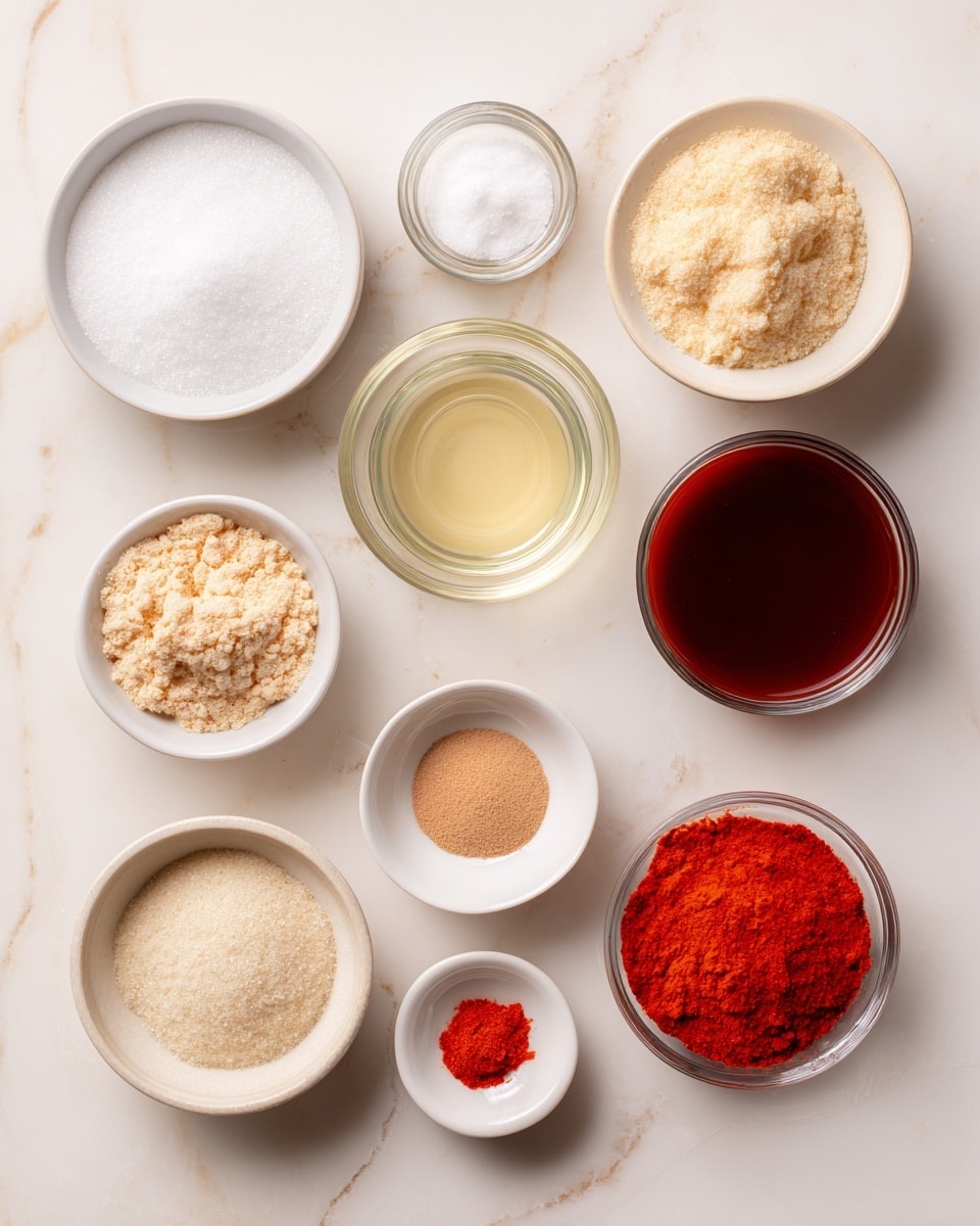 The image shows several small white bowls and glass cups arranged on a white marbled surface, each filled with different ingredients. There is a bowl of white granulated sugar, a glass cup holding a pale yellow powder, a small white bowl with a beige powder, and a clear bowl of light brown sugar. There are also small white bowls containing bright red powdered spices, deep brown liquid, and thick red sauce. The ingredients are spread out neatly, showing a range of colors from white and beige to red and dark brown, creating a clean and organized look. Photo taken with an iphone --ar 4:5 --v 7